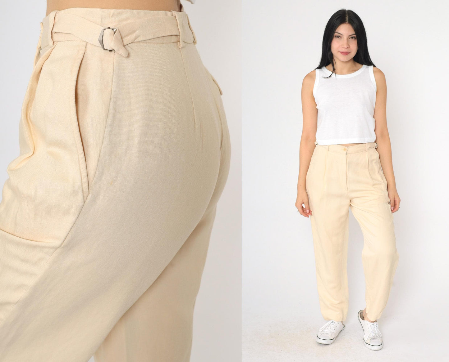 90s Calvin Klein Light Yellow Viscose Linen Pleated High-Waist Tapered Trousers Small 6