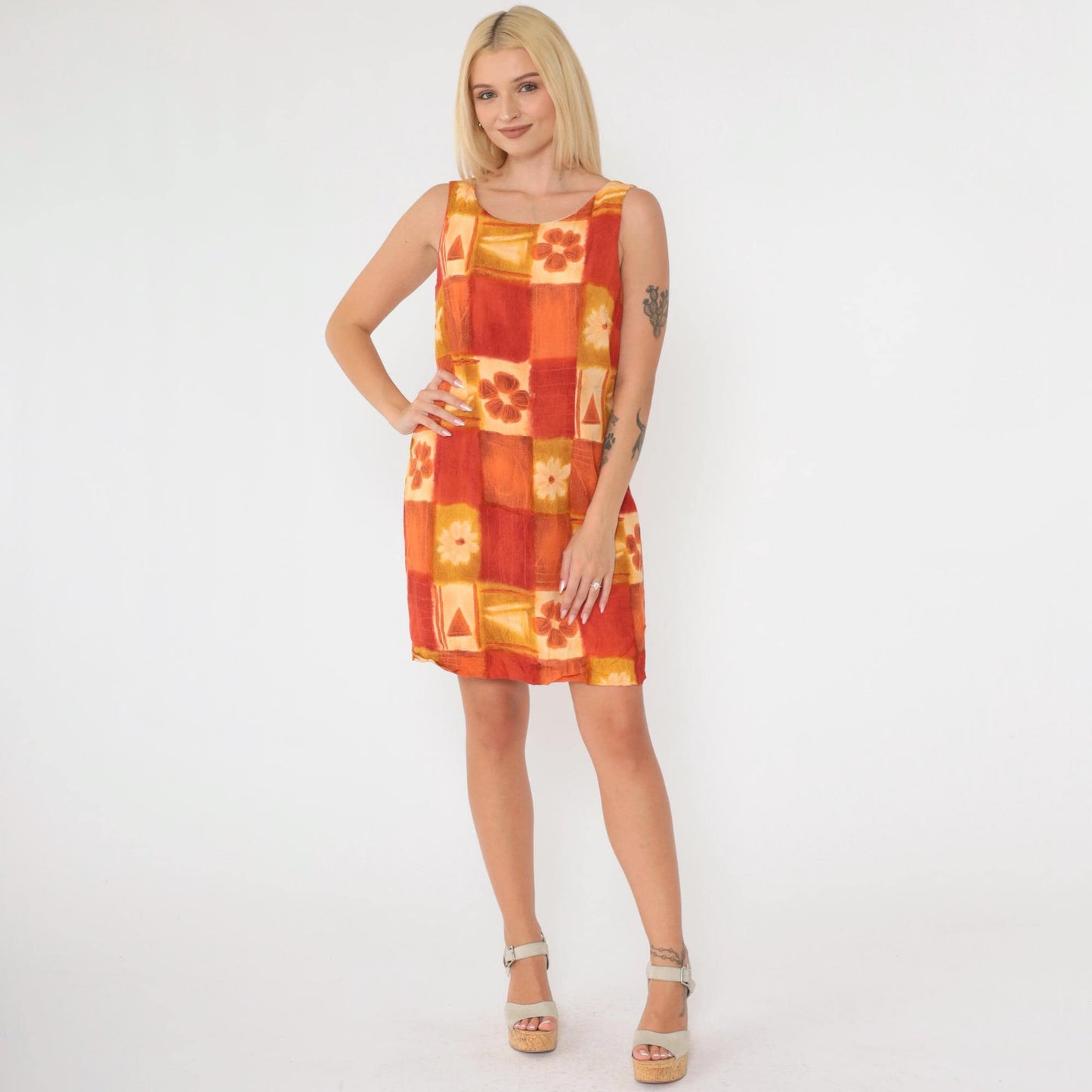 90s Jeffrey & Dara Geometric Floral Mini Dress Sleeveless Yellow Orange Small