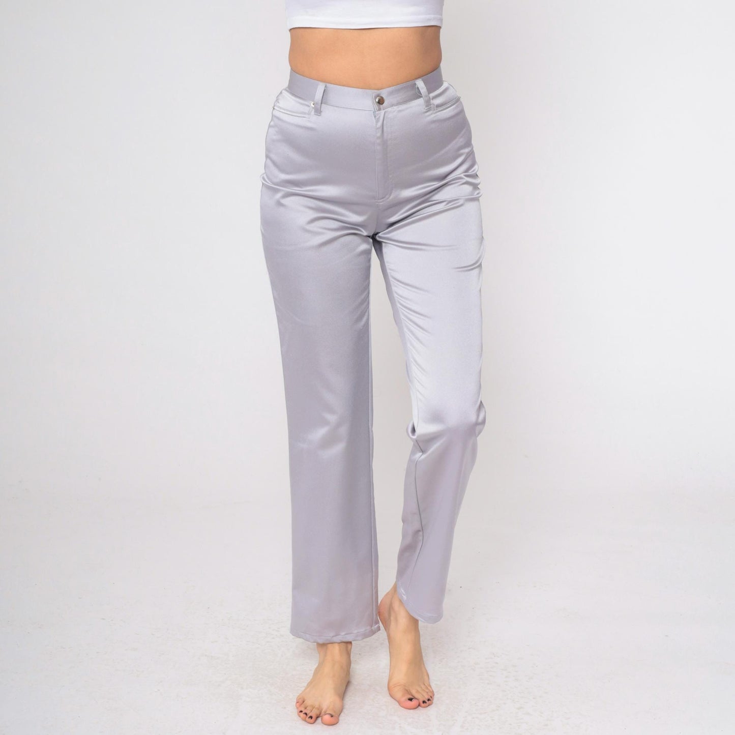90s Forenza Silver Satin High-Waist Straight-Leg Trousers Small