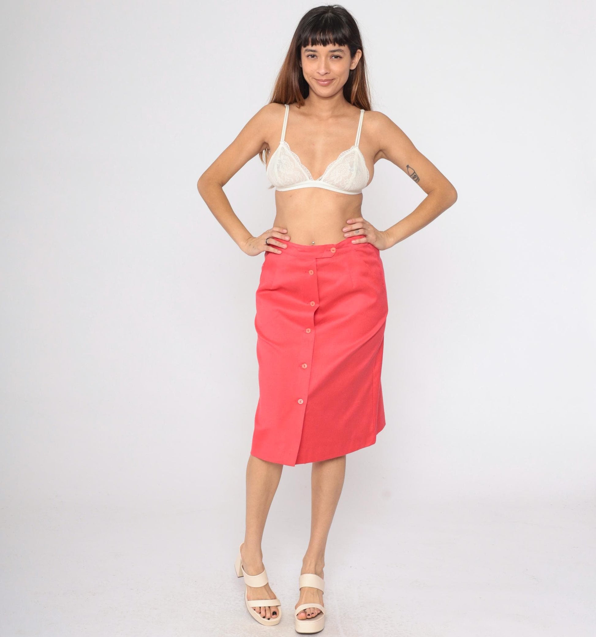 70s Sears Button-Front Midi Skirt Coral Pink High Waist Medium