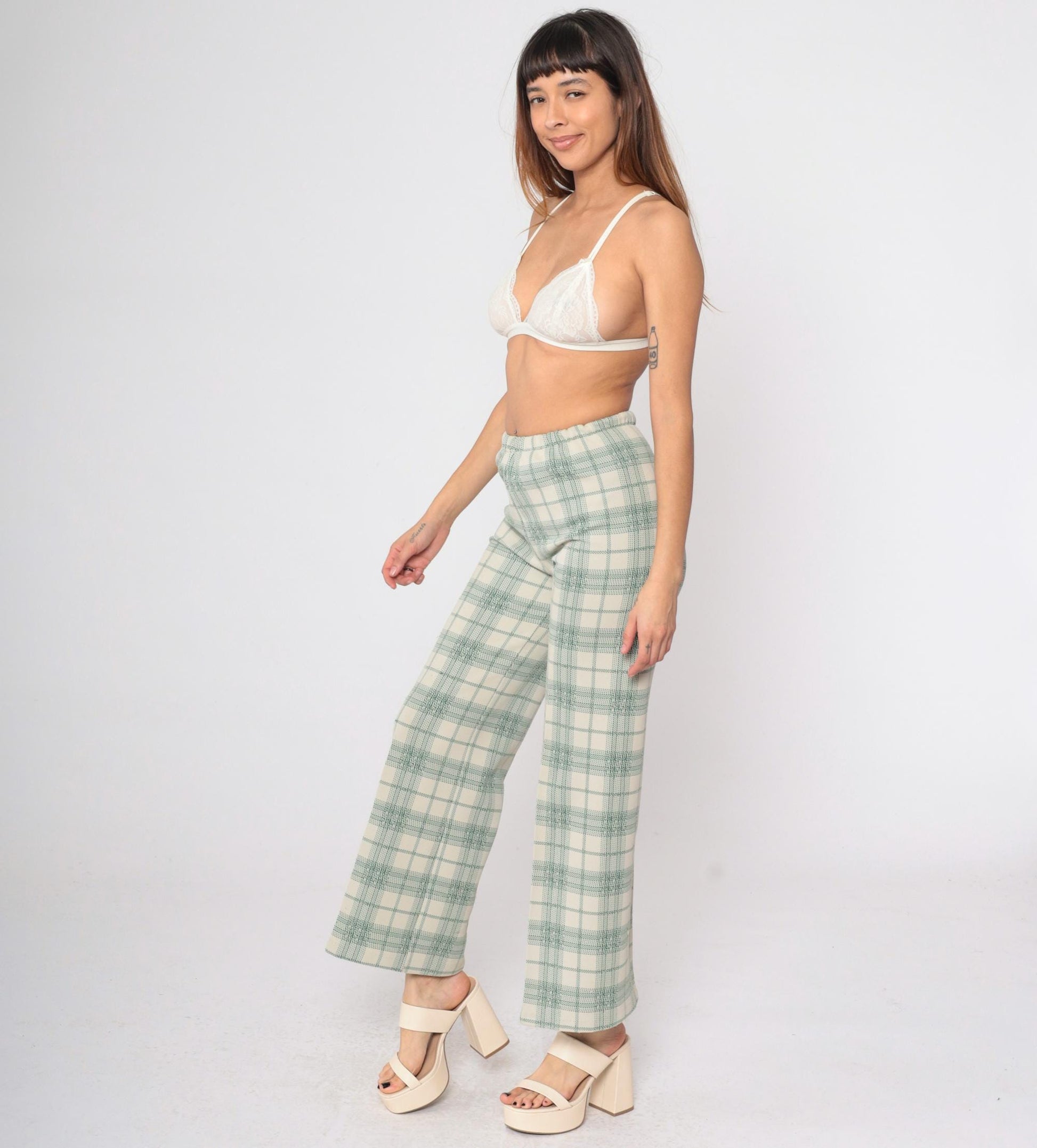 70s Plaid High-Waisted Trousers Cream Green Checkered Straight Leg Small