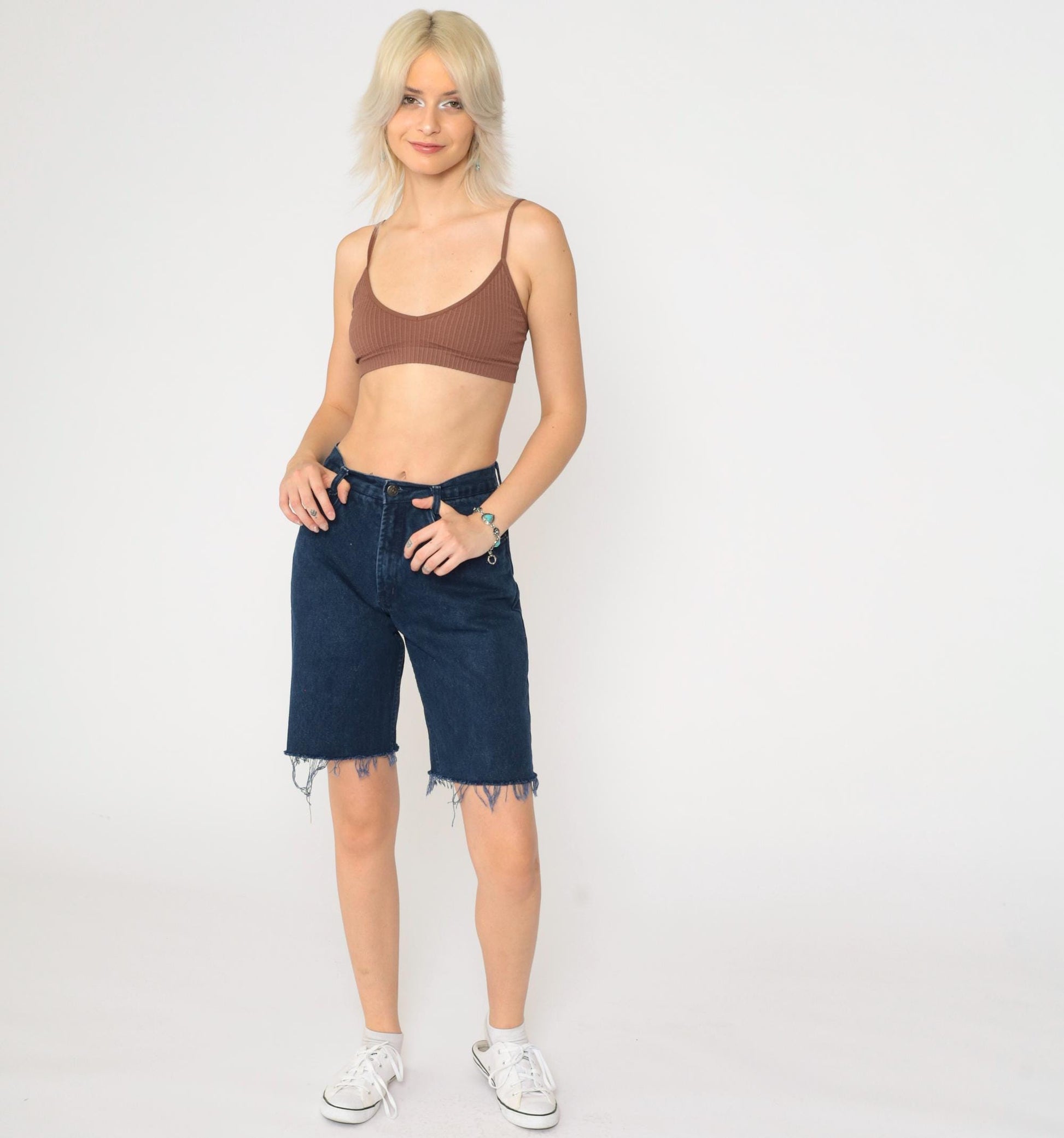 90s Dark Blue Denim Cut-Off Shorts High Waisted Bermuda Frayed Hem Extra Small
