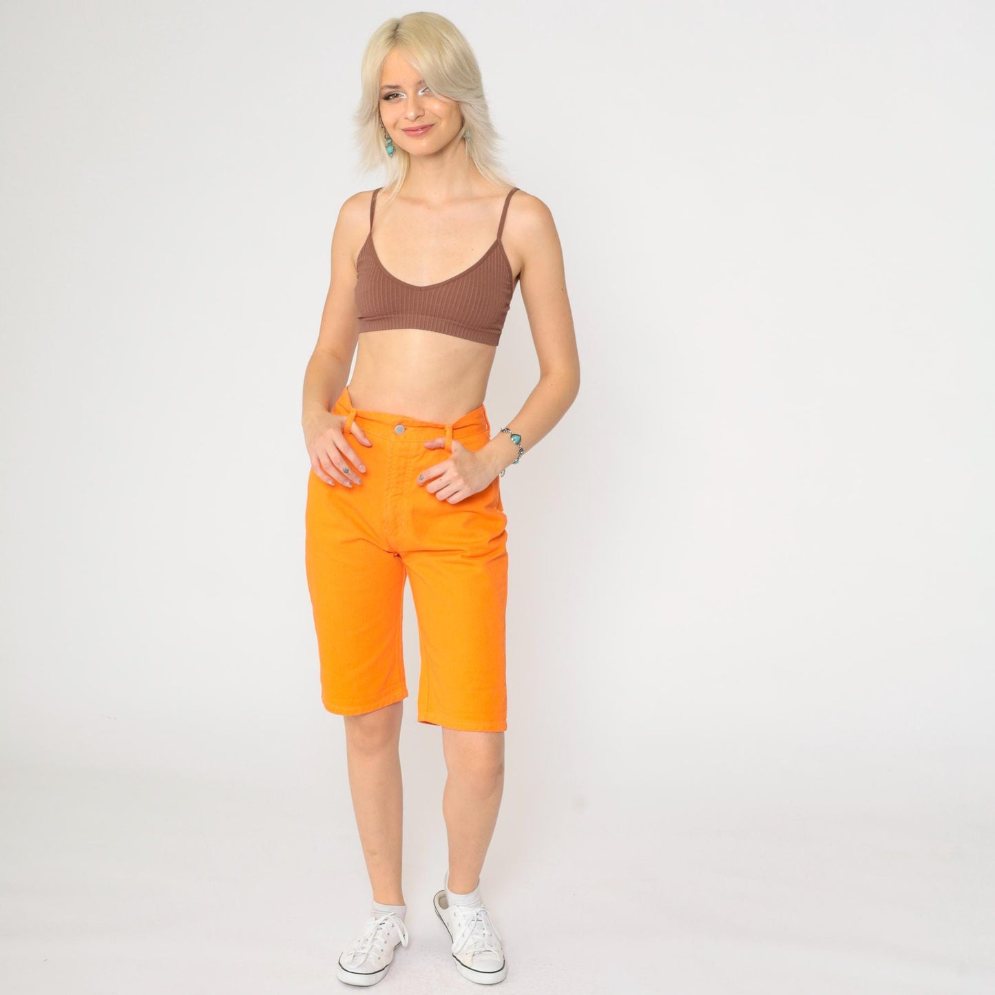 90s Bongo Denim Bermuda Shorts Bright Orange High Waist Extra Small