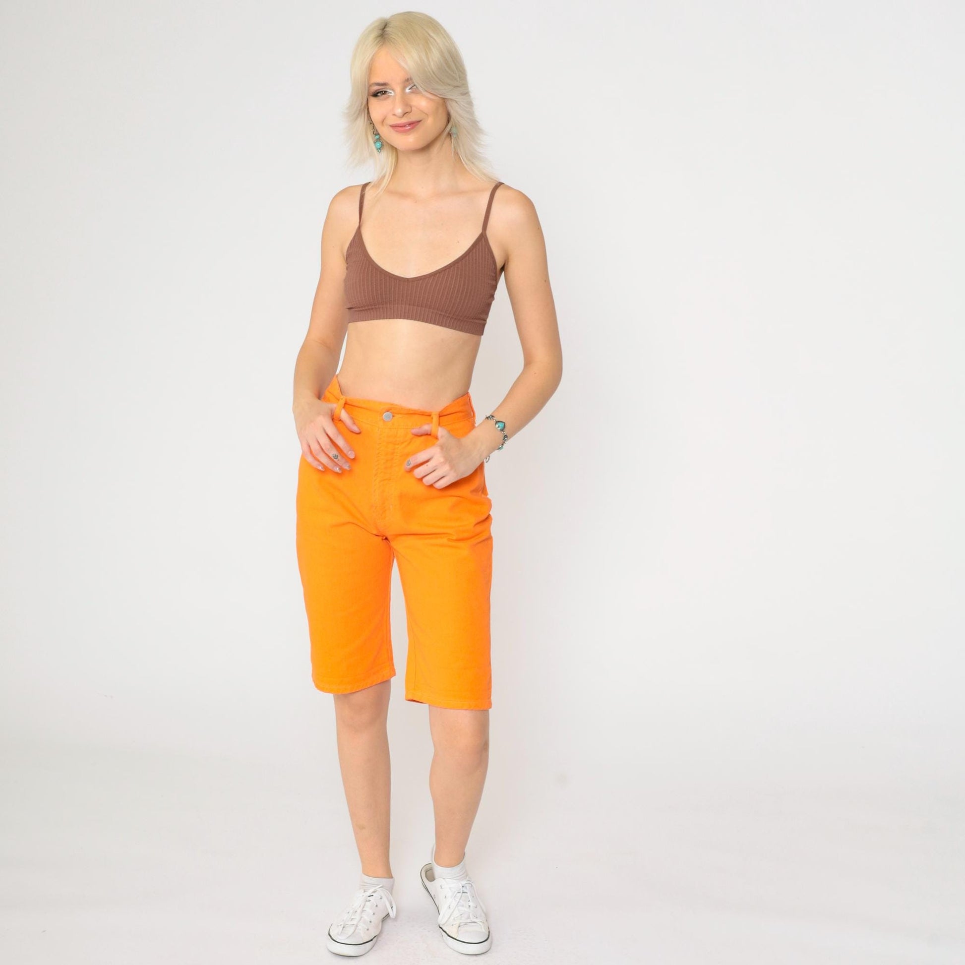 90s Bongo Denim Bermuda Shorts Bright Orange High Waist Extra Small