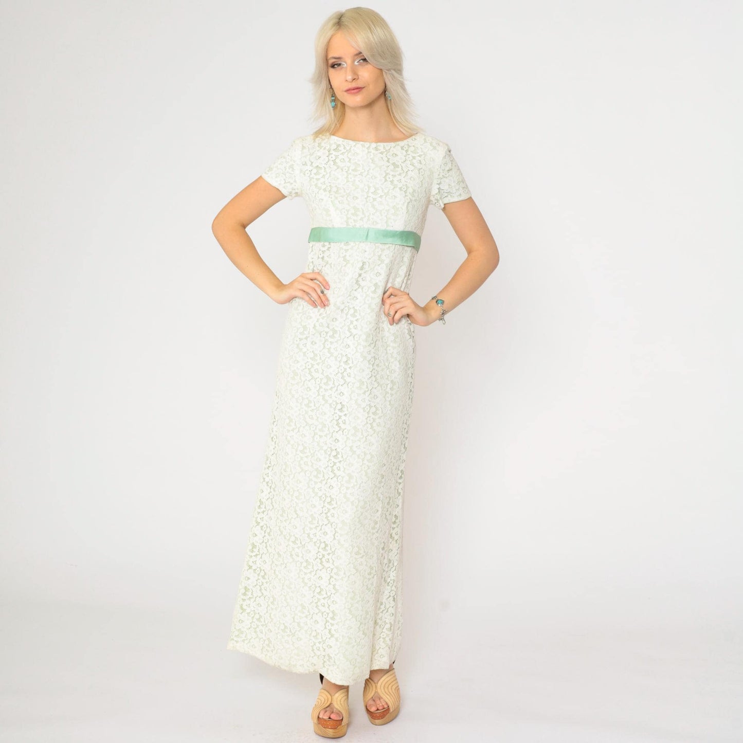 60s White Lace Maxi Dress Empire Waist Green Ribbon Short Sleeve Extra Small XS