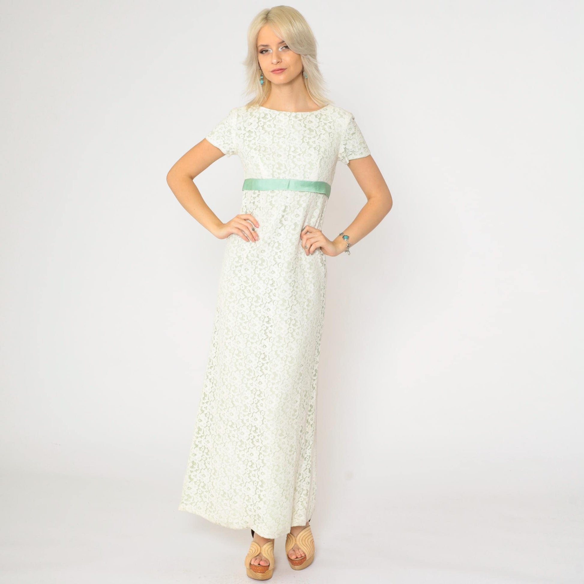 60s White Lace Maxi Dress Empire Waist Green Ribbon Short Sleeve Extra Small XS