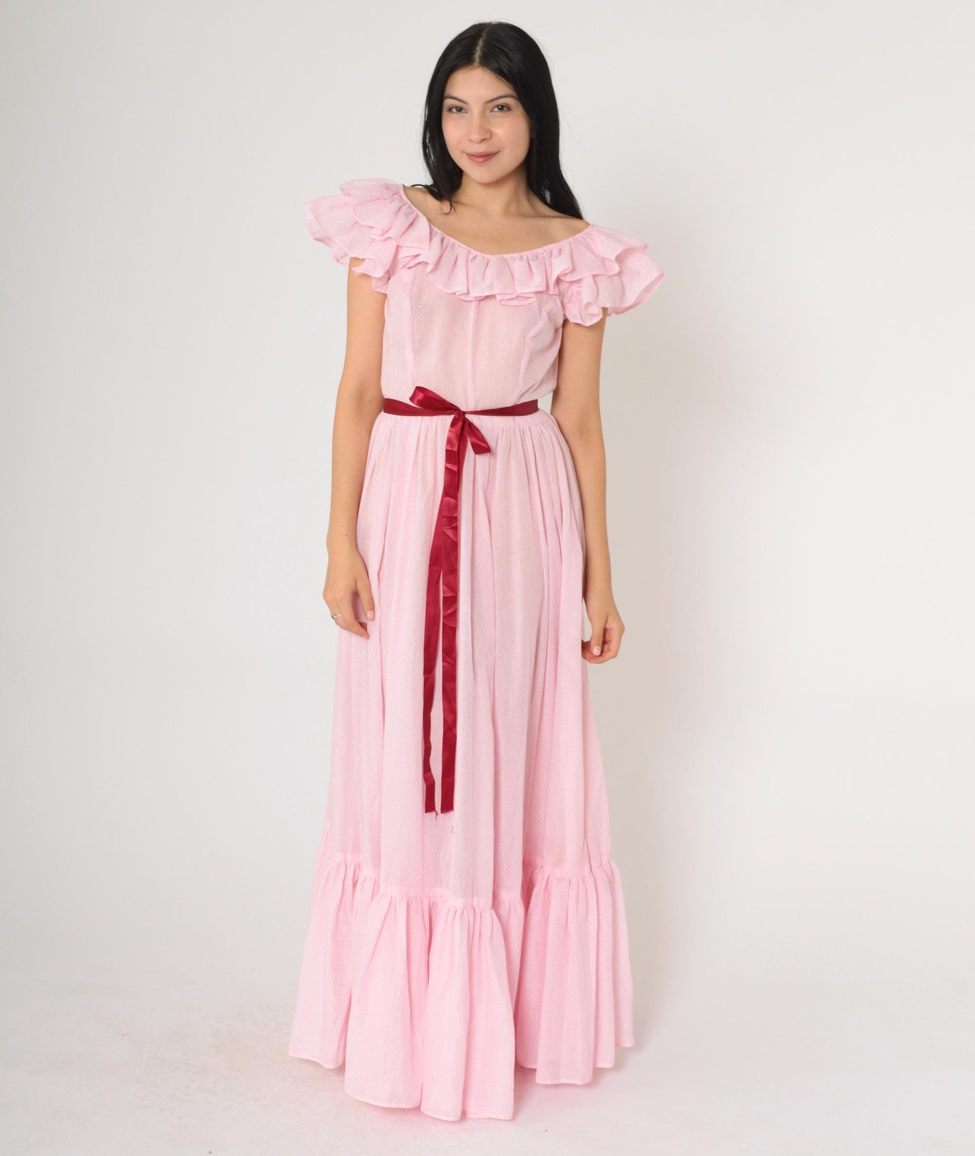 70s Baby Pink Polka Dot Maxi Dress Flutter Sleeve Scoop Neck Small
