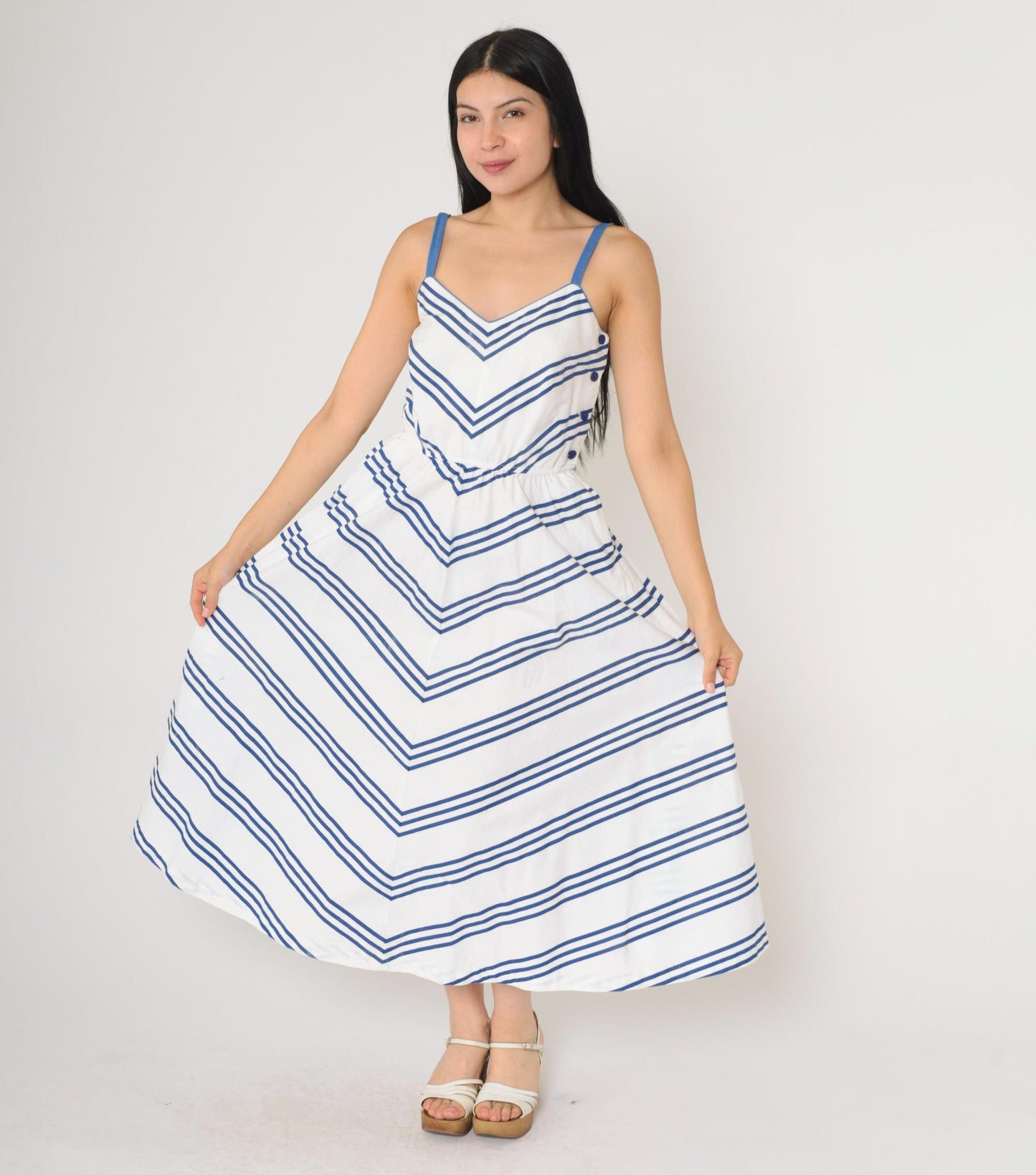 70s Lanz Originals Chevron Midi Sundress Blue White High Waist Small