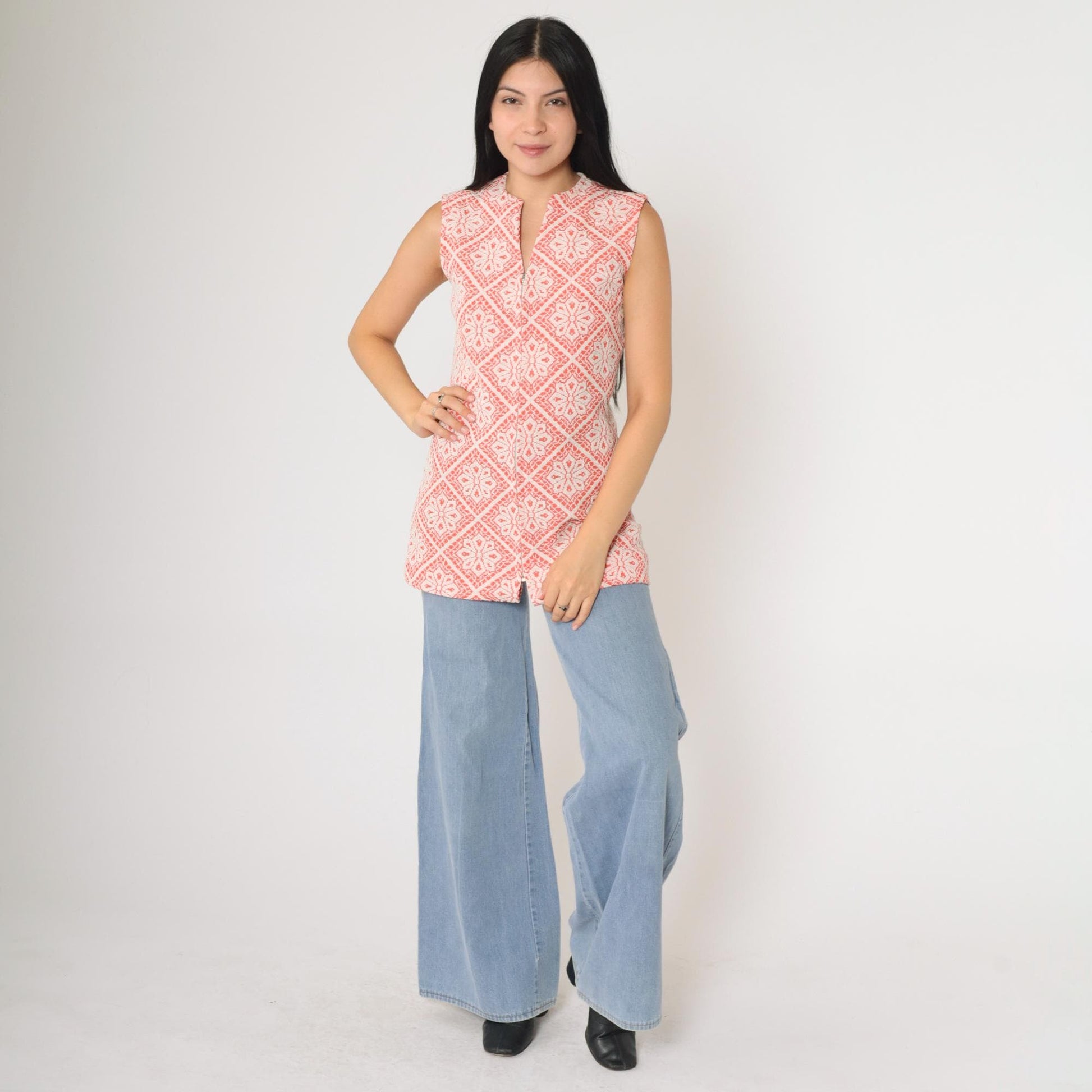 70s Peck & Peck Floral Tank Top Sleeveless Front Zip Polyester Orange Small S