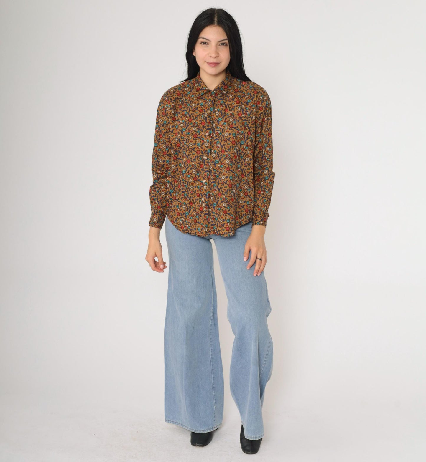 Y2K Levi's Dockers Floral Button-Up Blouse Brown Cotton Long Sleeve Small