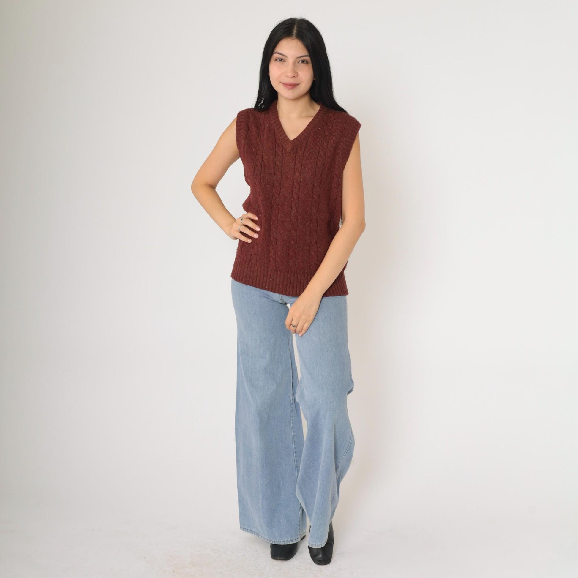 80s Gap Cable Knit Vest Burgundy Flecked V-Neck Sleeveless Sweater Medium