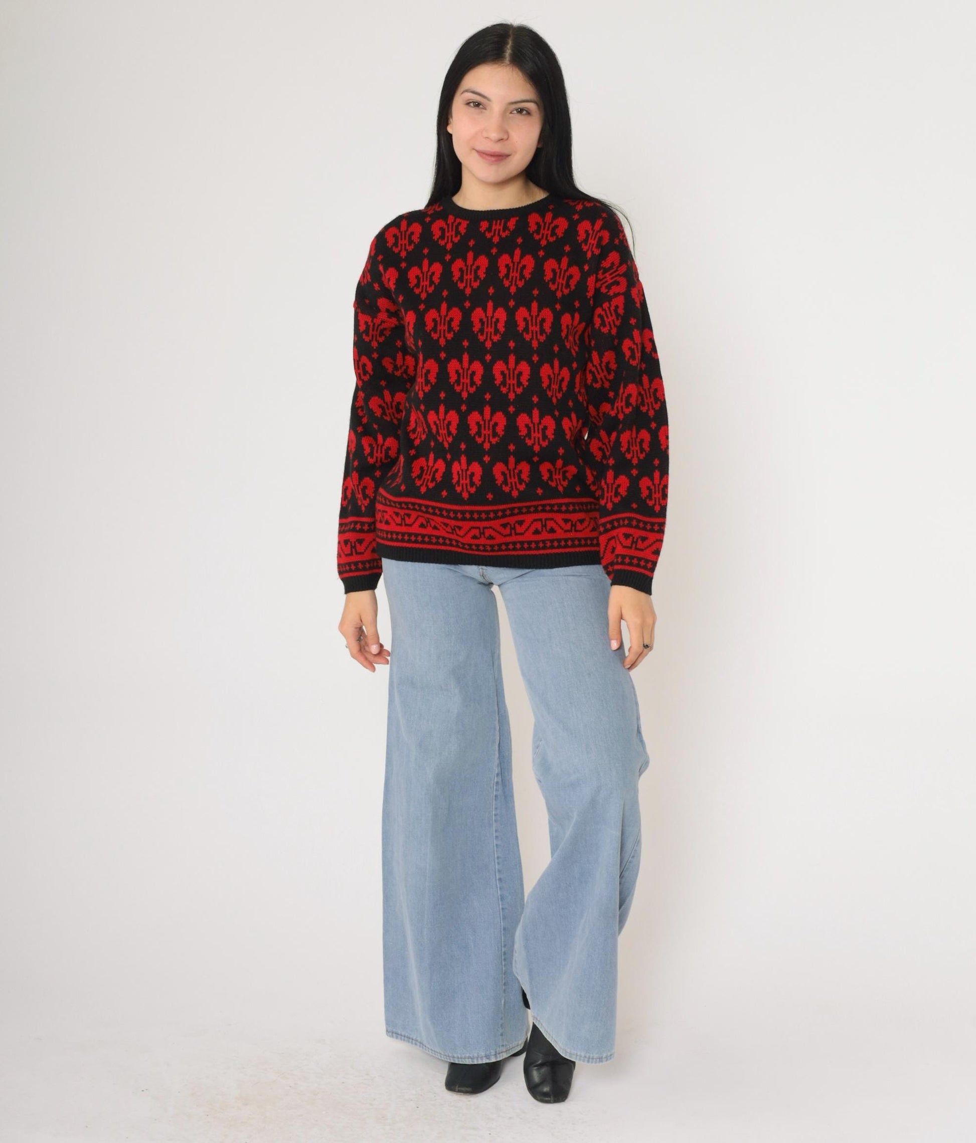 90s Fleur De Lis Geometric Knit Sweater Red Black Pullover Medium