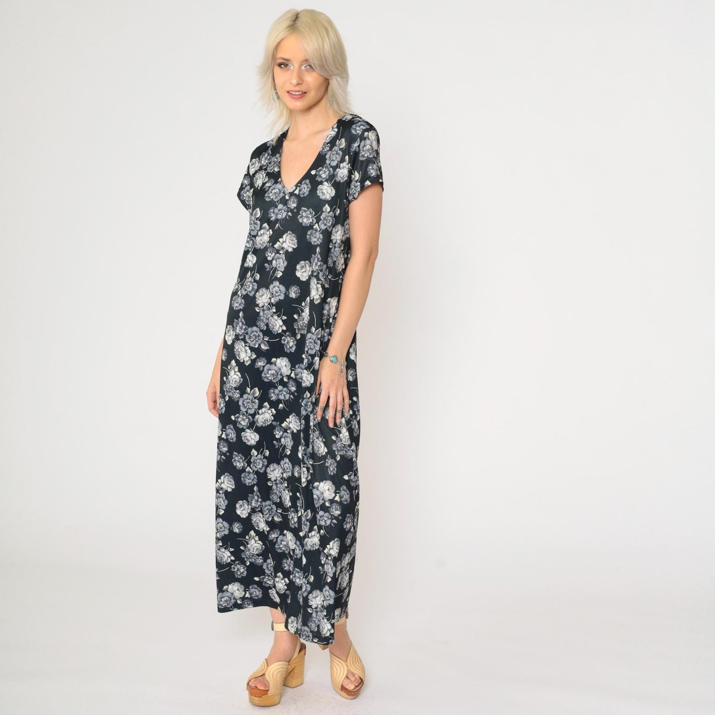 90s No Boundaries Black Floral Maxi Dress Rose Print V-Neck Short Sleeve Large L