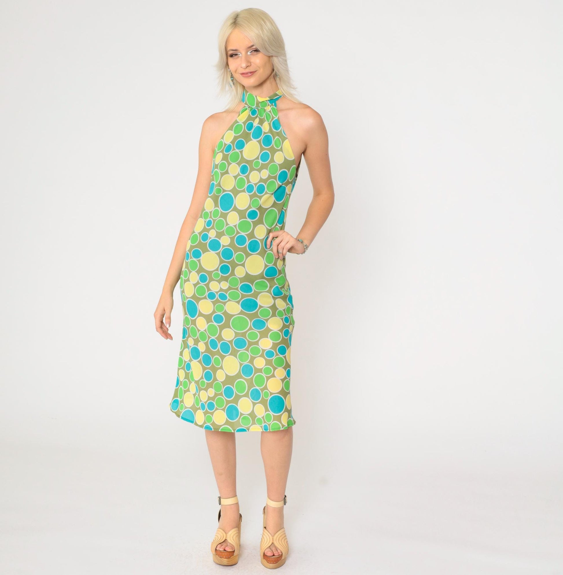 Y2K Halter Midi Dress Olive Green Polka Dot Sleeveless Keyhole Medium