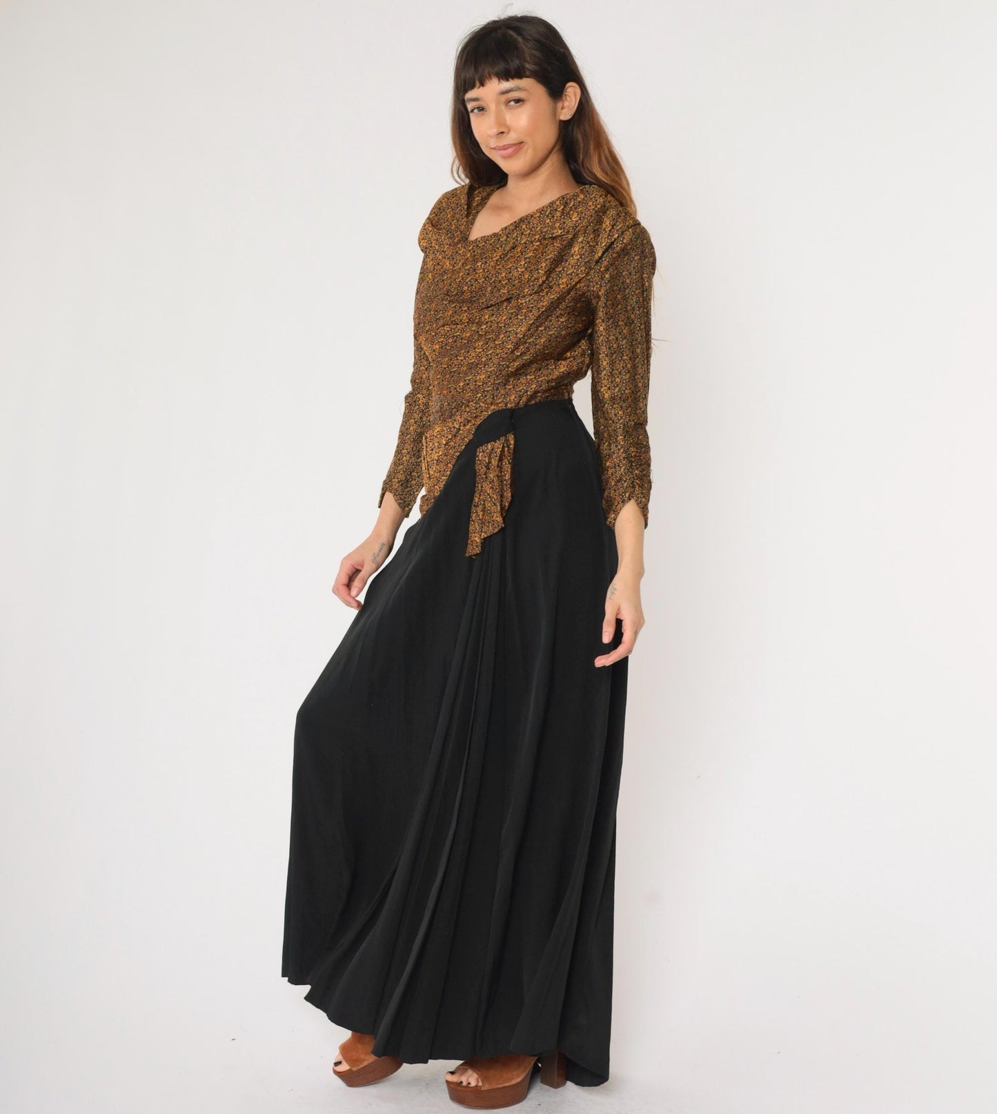 1940s Brocade Maxi Dress Floral Paisley Black Bow Back Long Sleeve Small