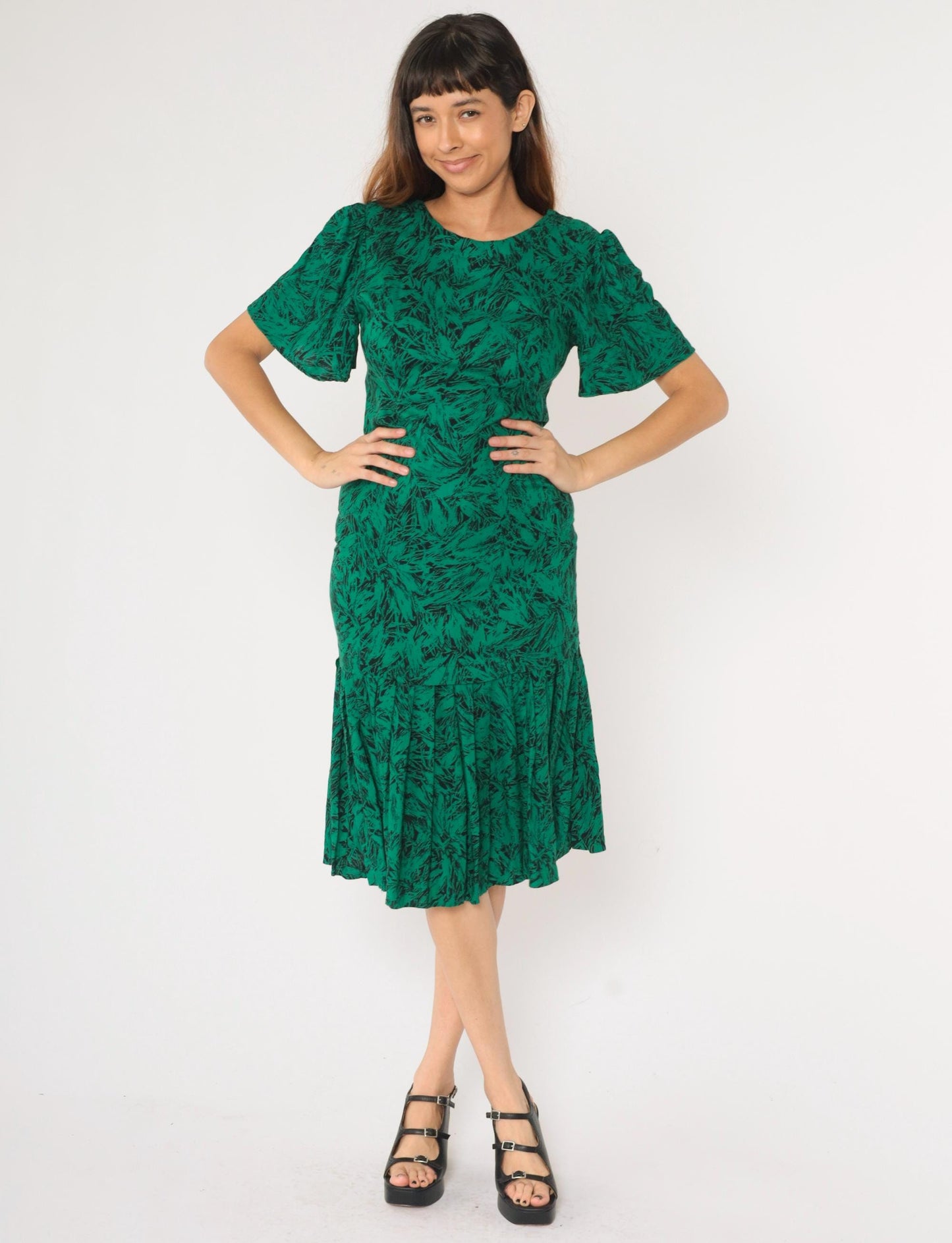 80s Green Abstract Leaf Print Midi Dress Puff Sleeve Drop Waist Small