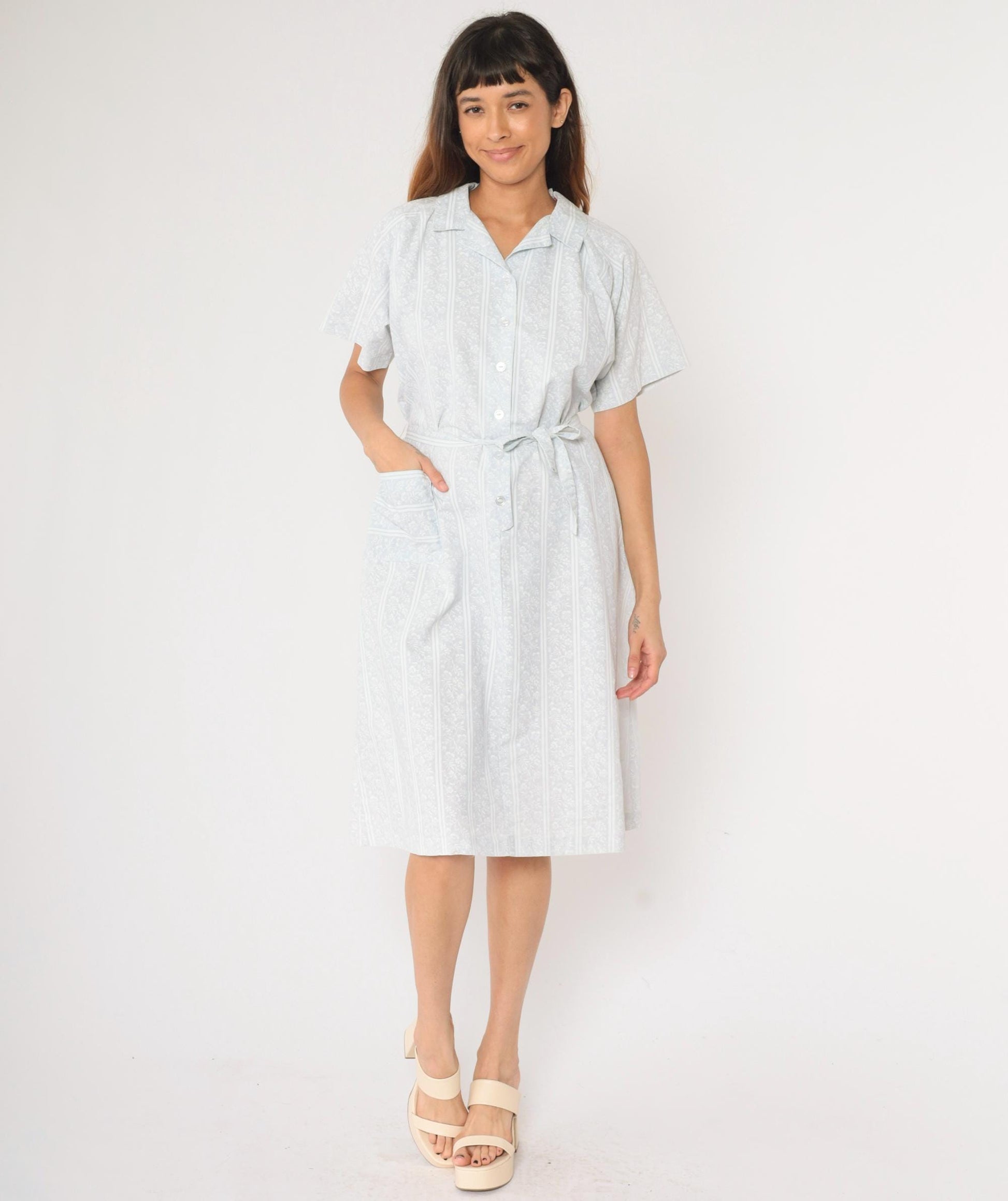 70s American Frock Baby Blue Floral Striped Midi Shirt Dress Large
