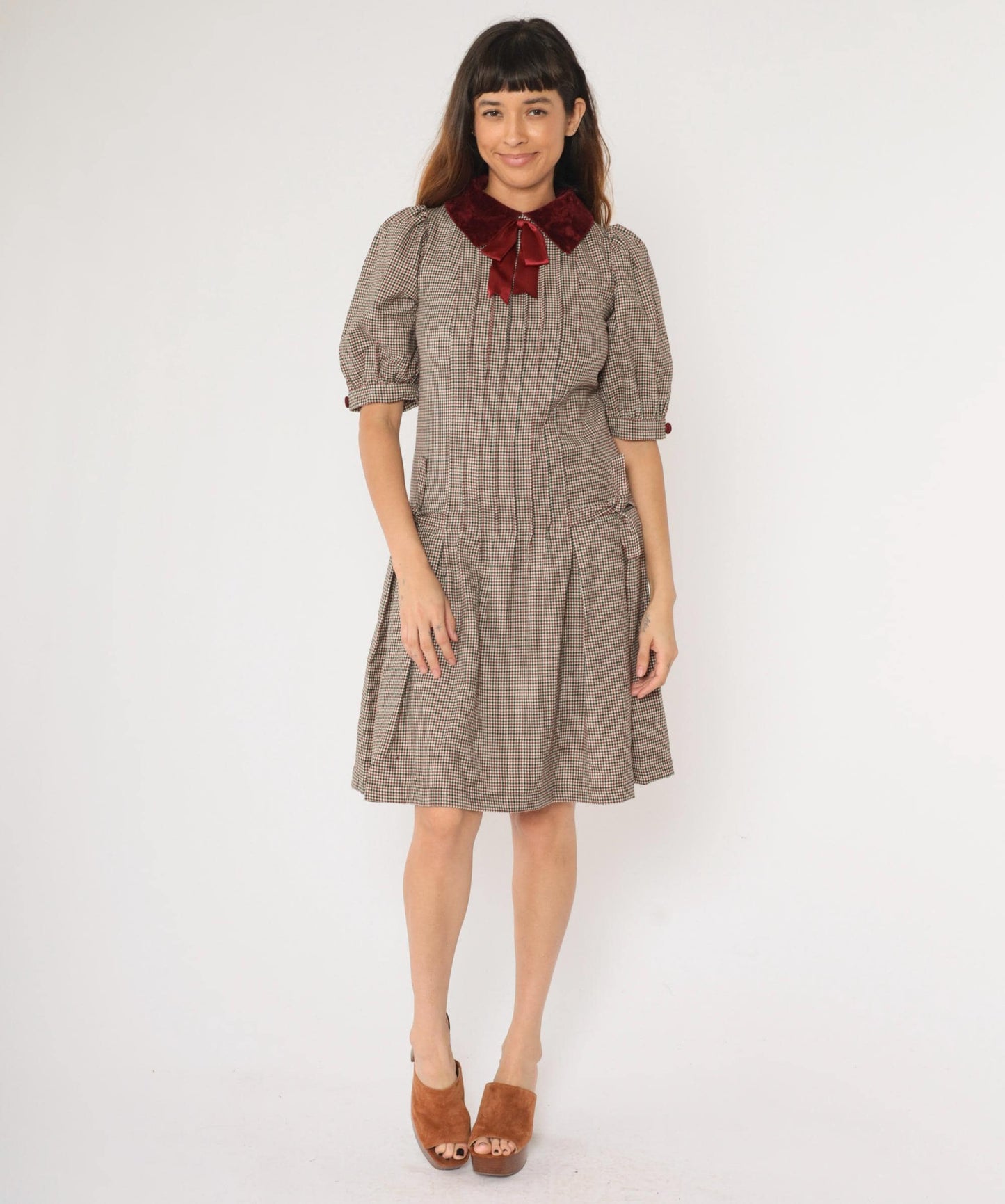 80s Bellville Sassoon Houndstooth Wool Dress Red Black Velvet Collar Knee Length Extra Small