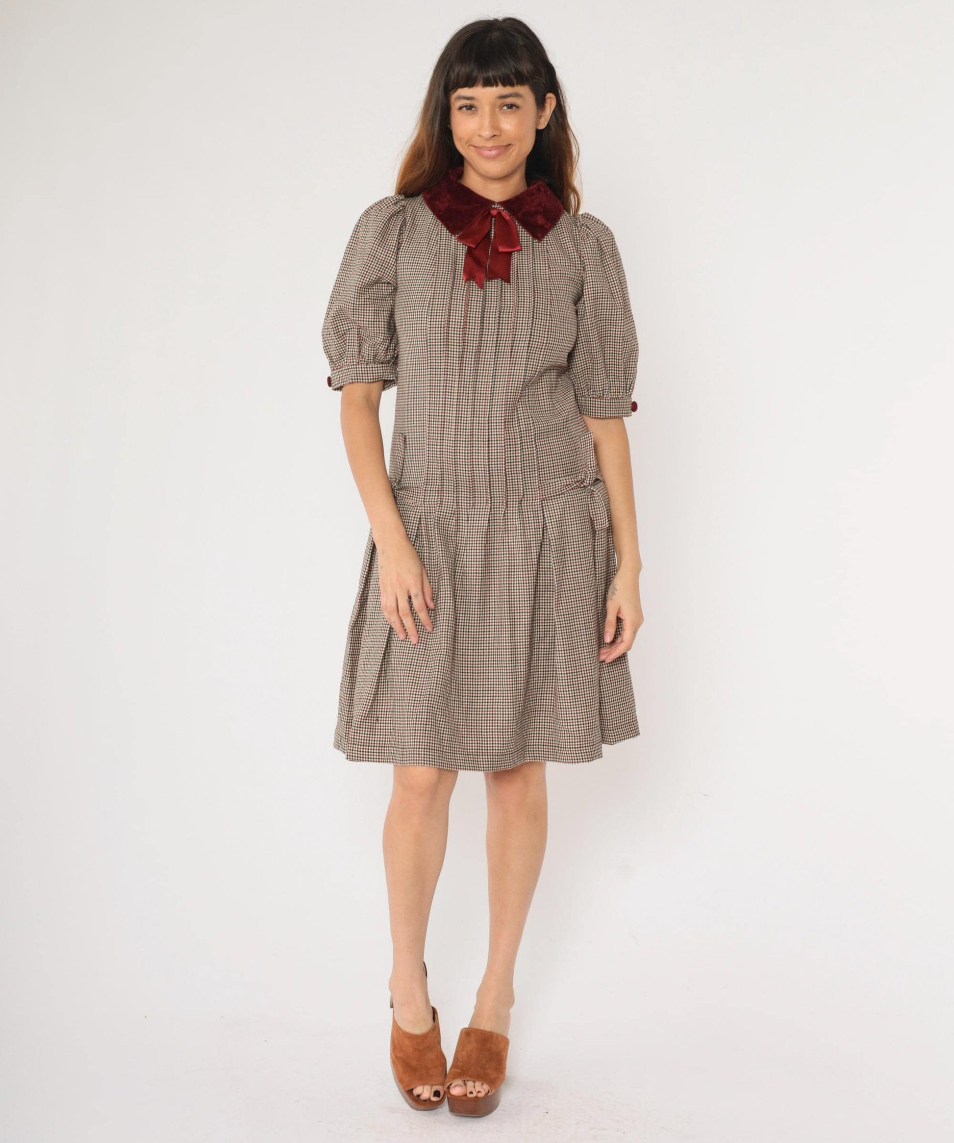 80s Bellville Sassoon Houndstooth Wool Dress Red Black Velvet Collar Knee Length Extra Small