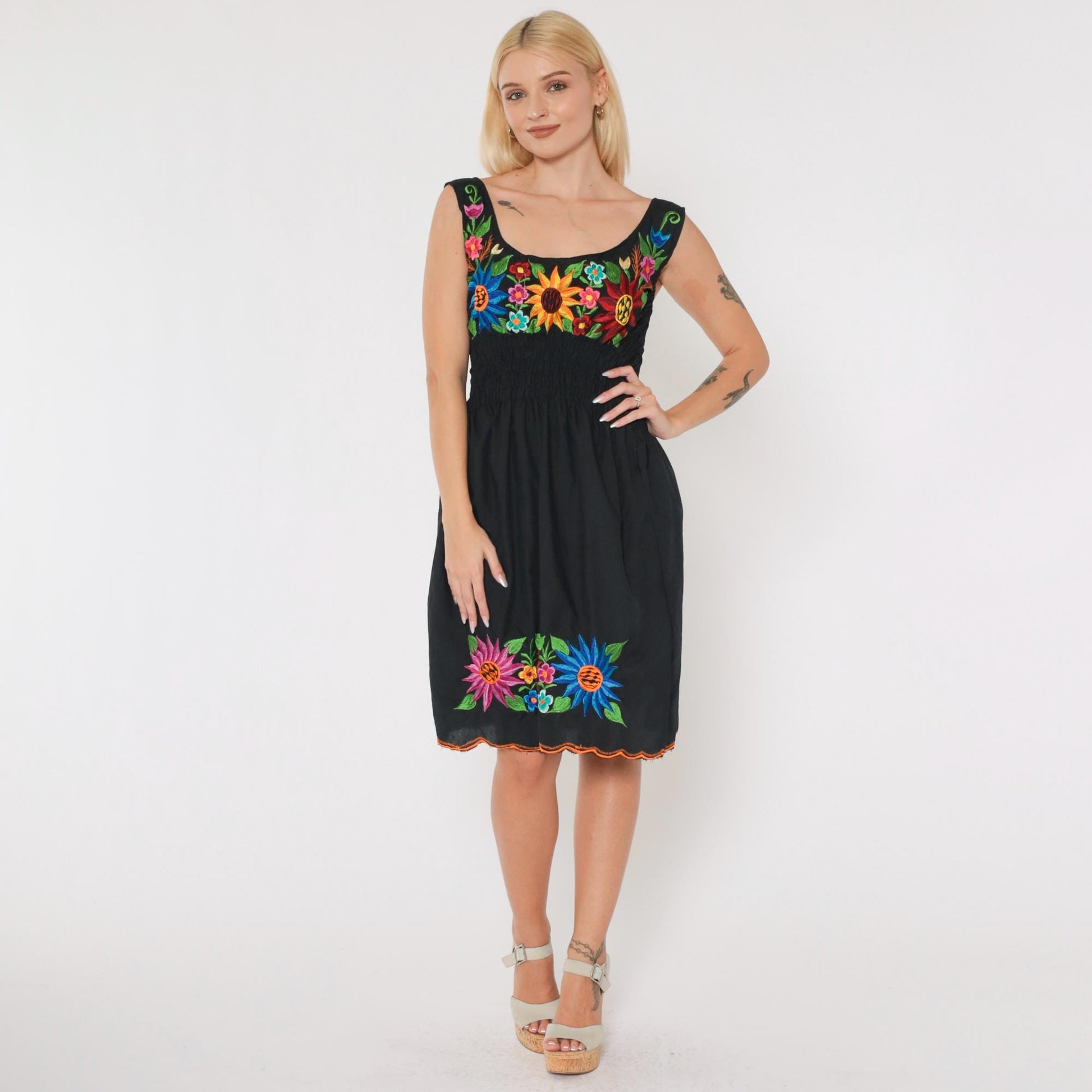 90s Black Floral Embroidered Smocked Mini Dress Sleeveless Small Medium