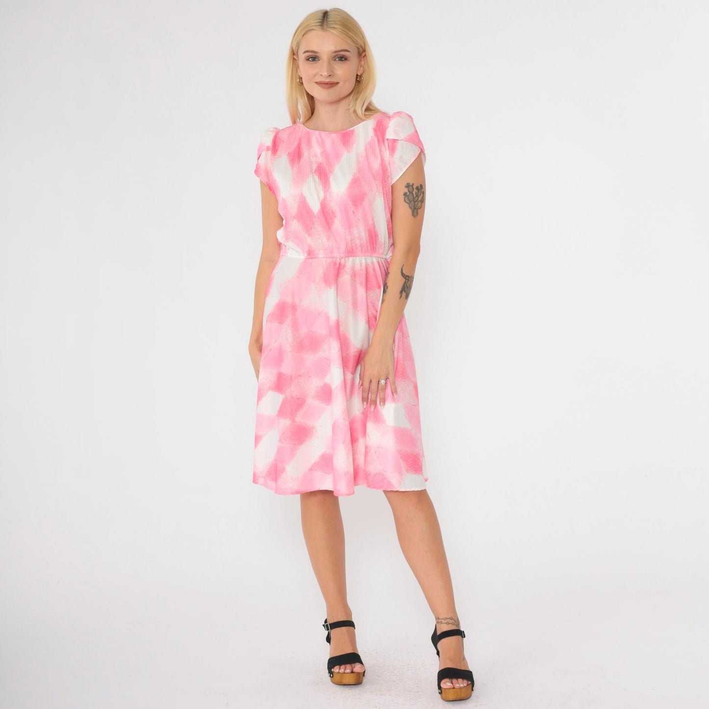 70s Pink Checkered Dress Tulip Sleeve Knee-Length Elastic Waist Small