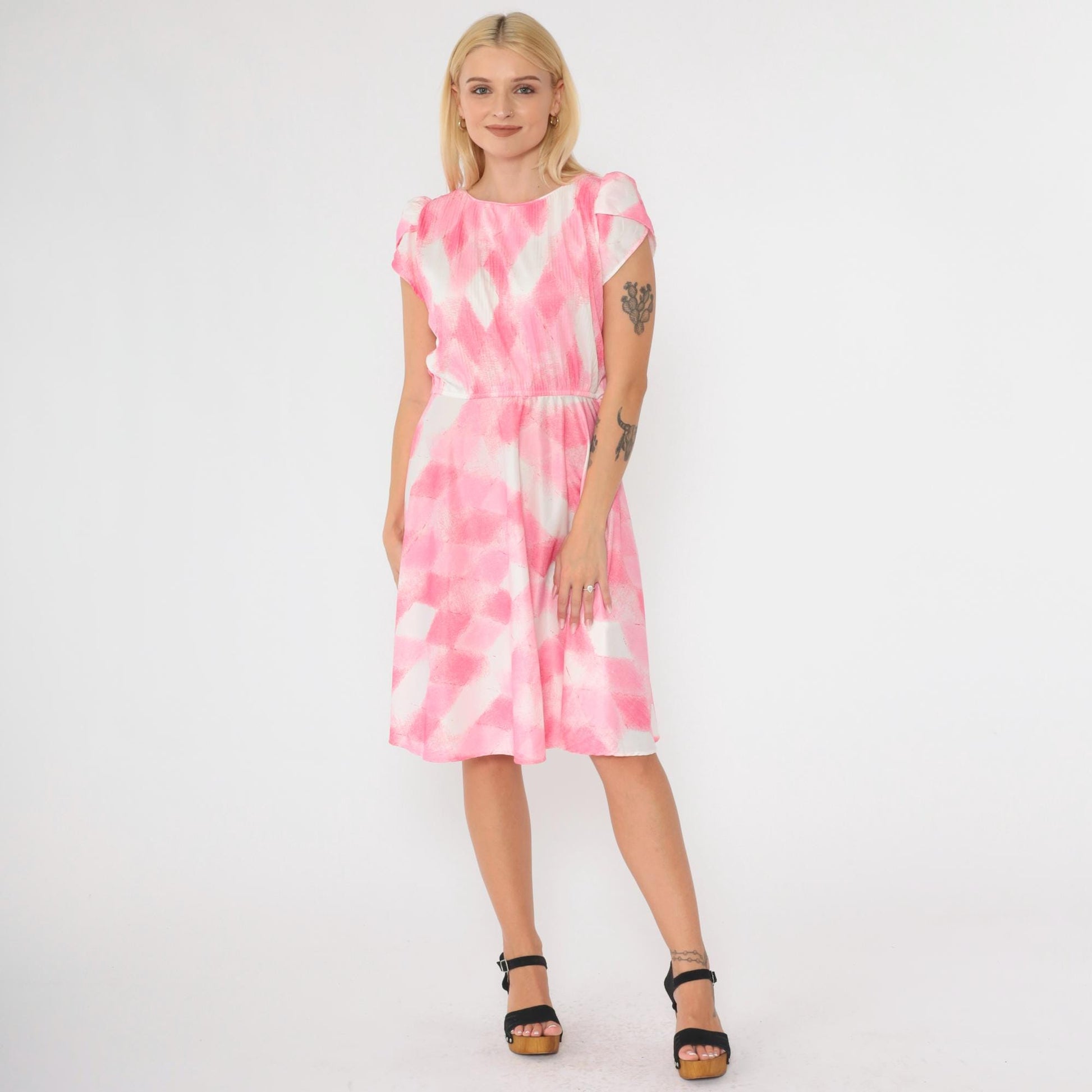 70s Pink Checkered Dress Tulip Sleeve Knee-Length Elastic Waist Small