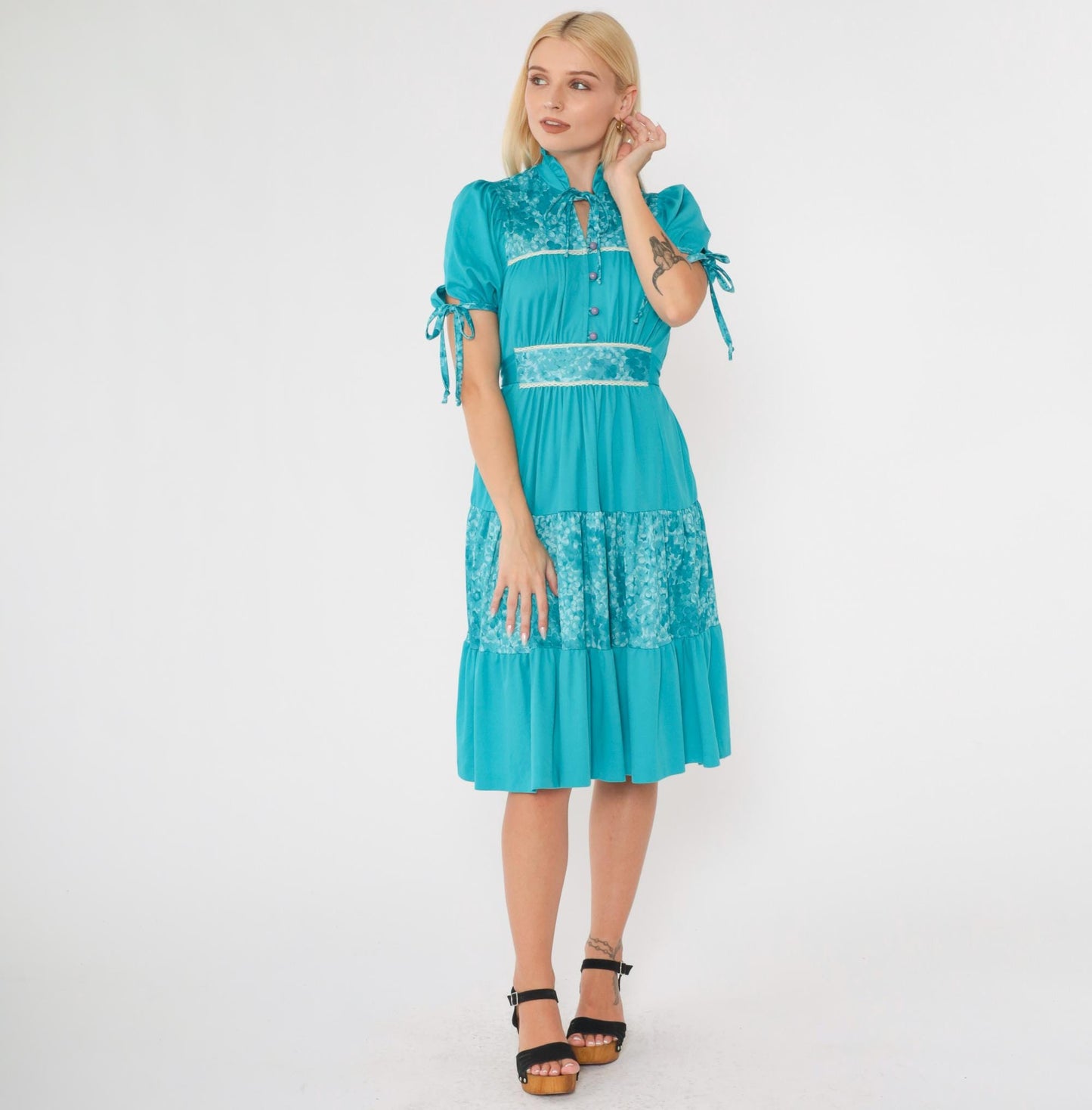70s Turquoise Floral Puff Sleeve Midi Dress High Waist Tiered Small S