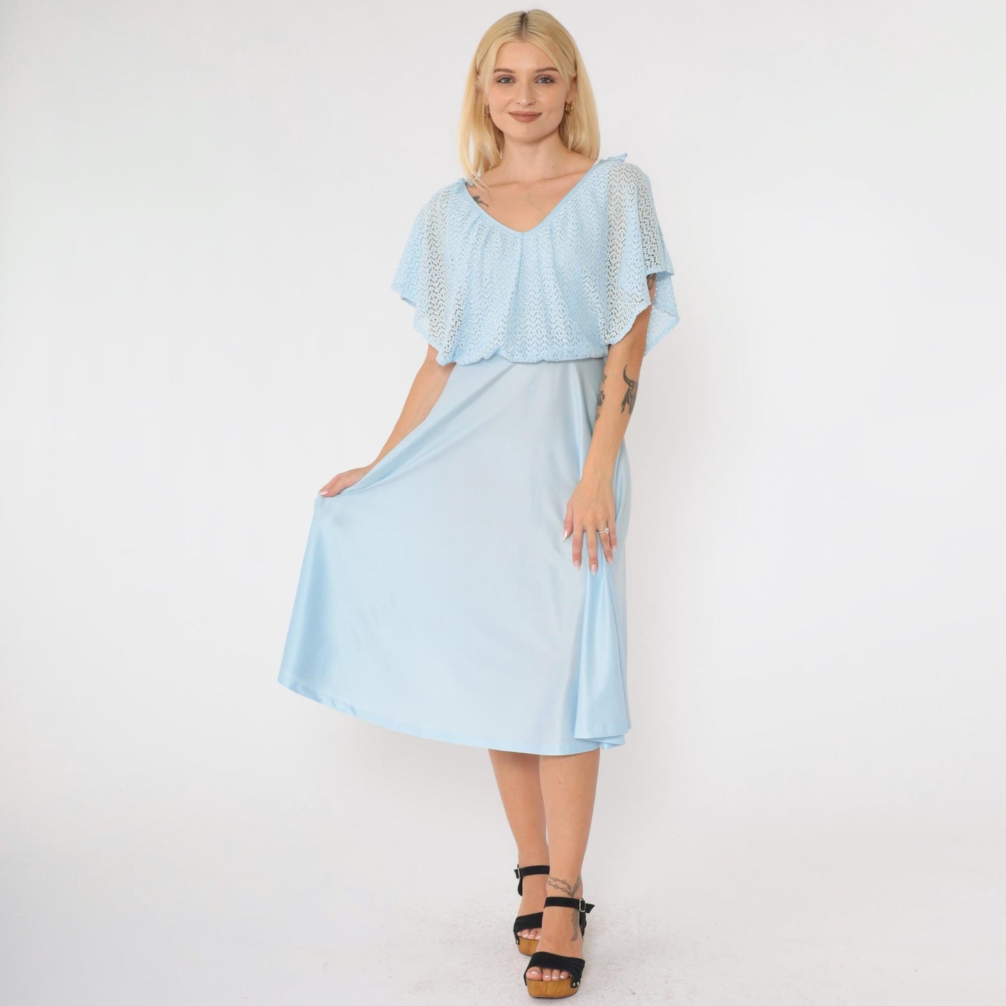 1970s Baby Blue Crochet Capelet Midi Dress High Waist Split Sleeve Extra Small