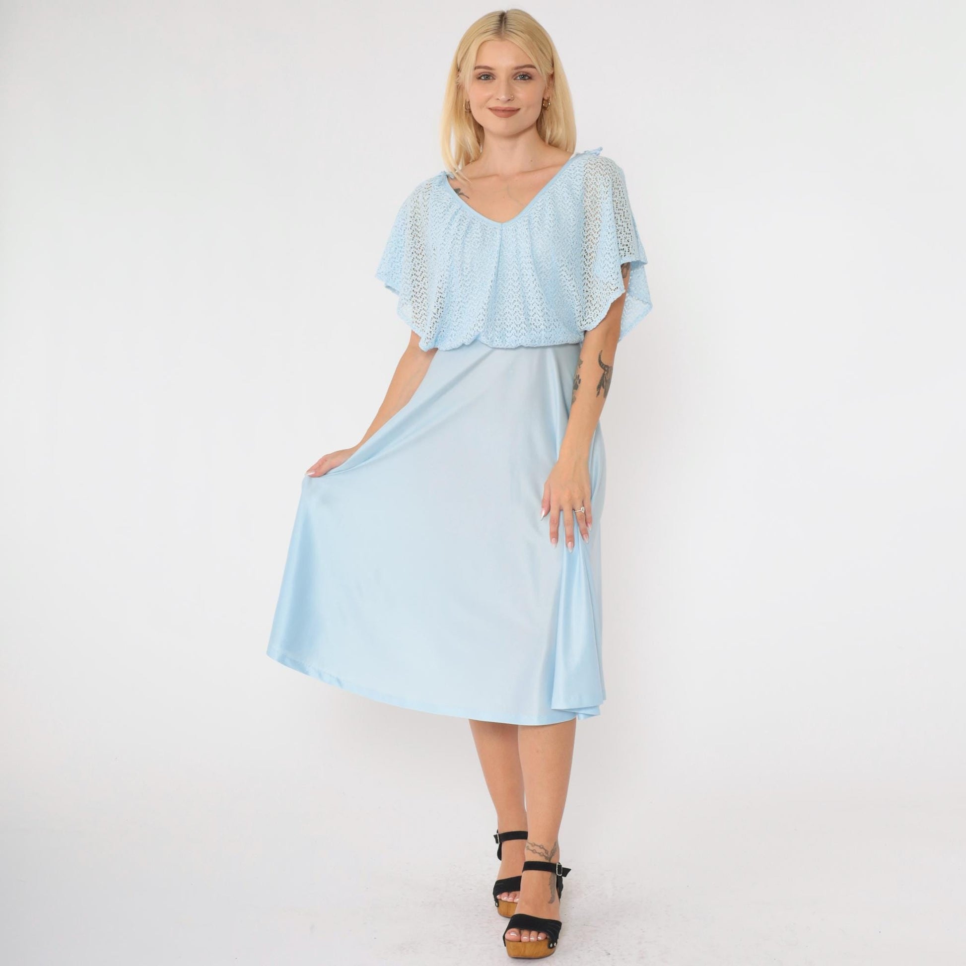 1970s Baby Blue Crochet Capelet Midi Dress High Waist Split Sleeve Extra Small