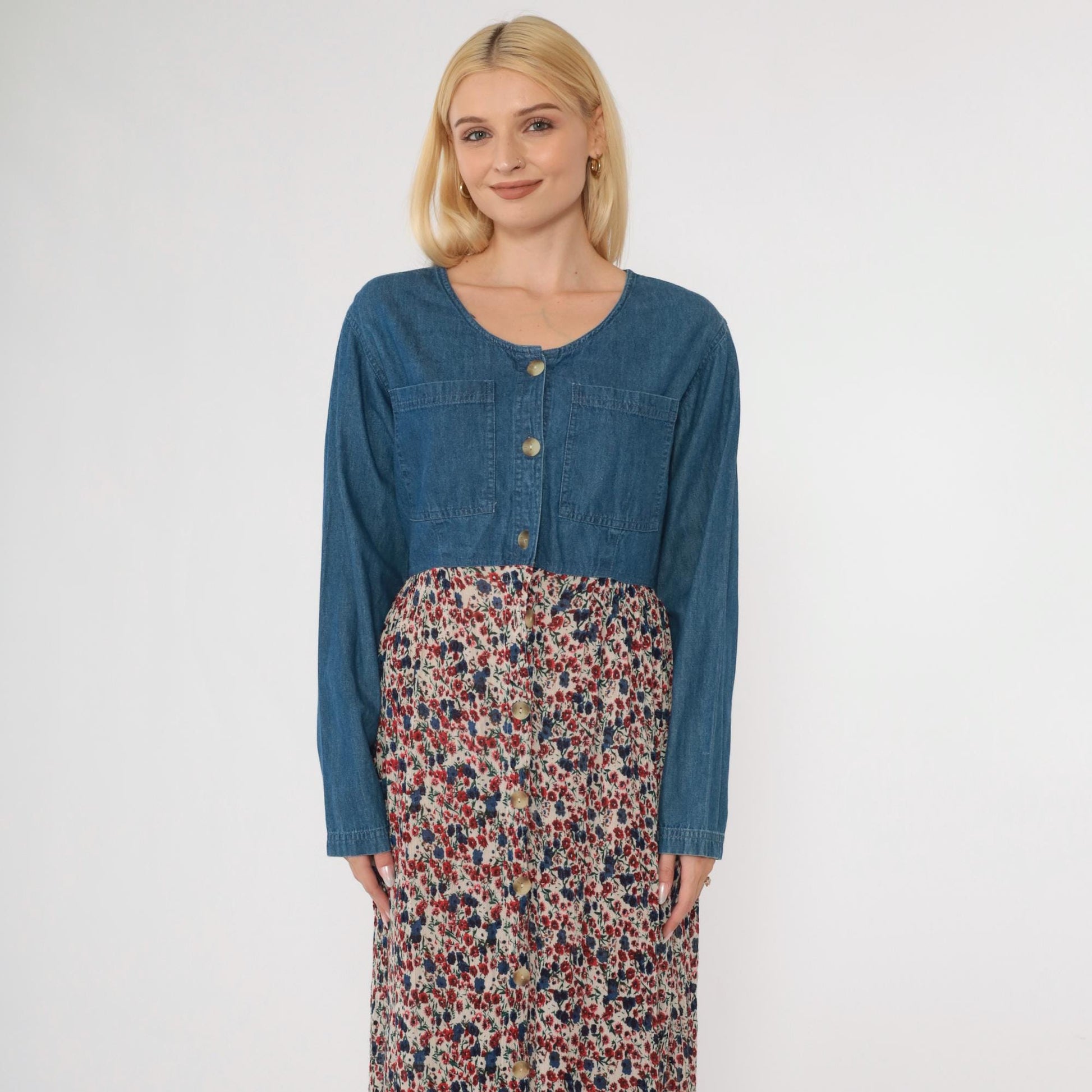 90s Access Floral Denim Maxi Dress Blue Chambray Button-Up High Waist Large