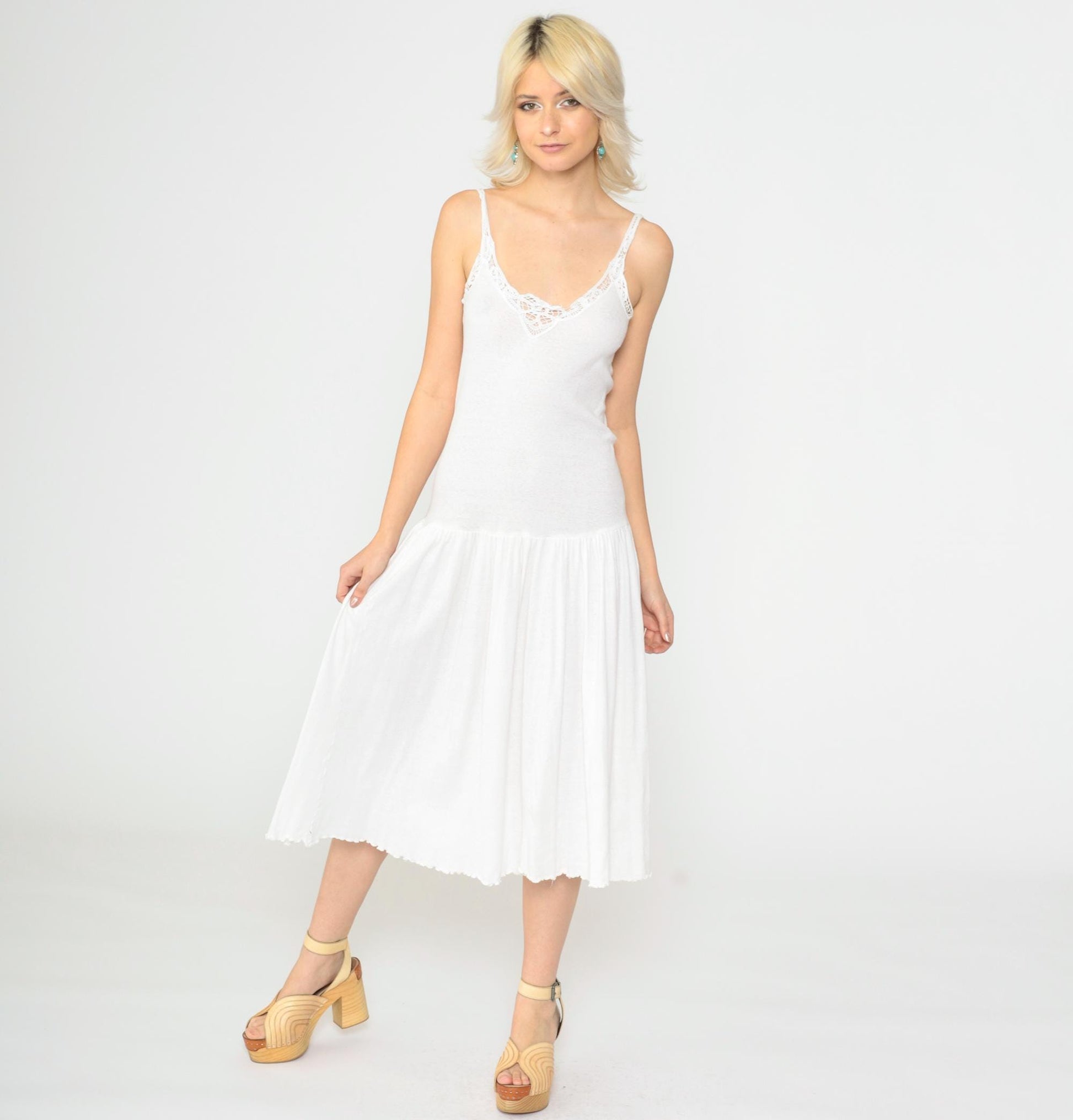 90s White Cotton Slip Dress Midi Lace Trim Spaghetti Strap Small