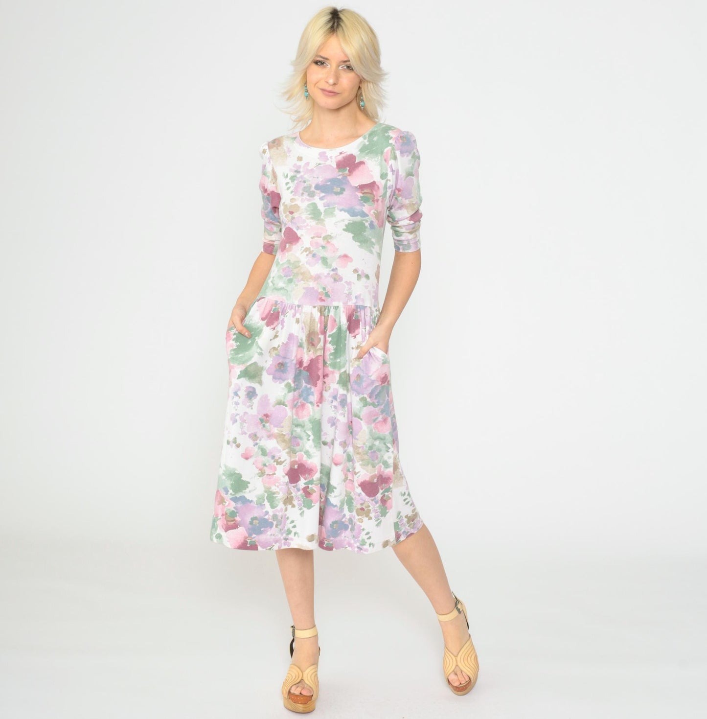 80s Floral Midi Dress Puff Sleeve Drop Waist Watercolor Print White Small