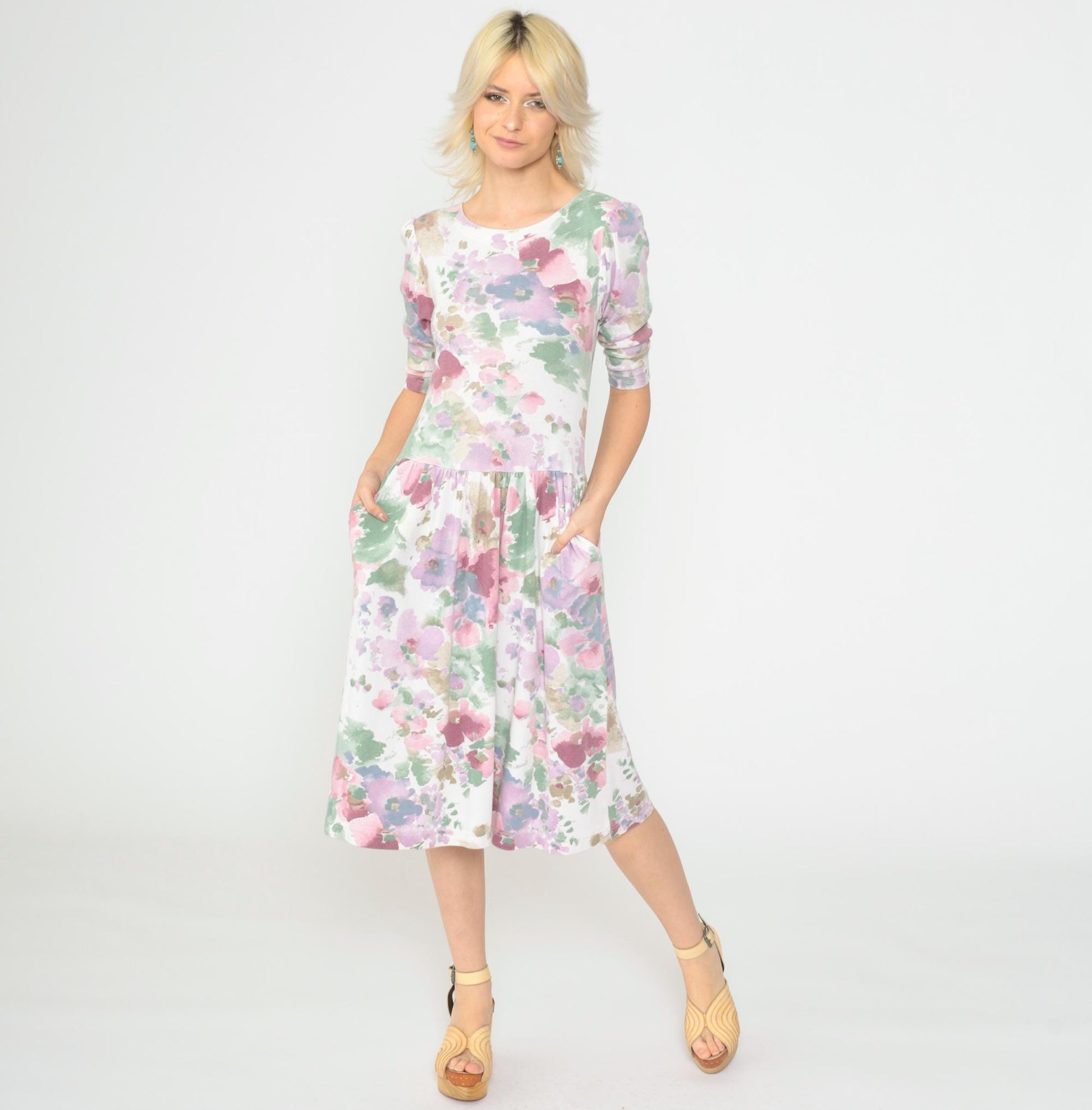 80s Floral Midi Dress Puff Sleeve Drop Waist Watercolor Print White Small