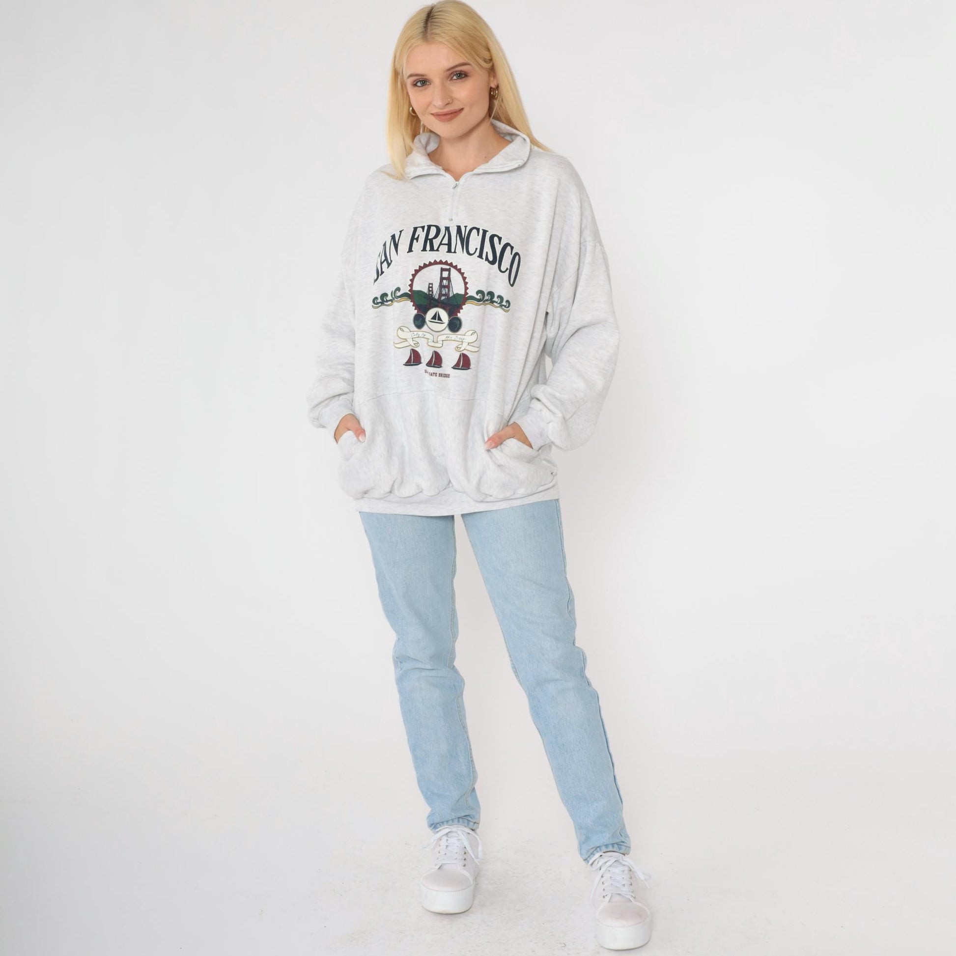 90s San Francisco Golden Gate Bridge Quarter Zip Sweatshirt Heather Grey Plus Size XXL