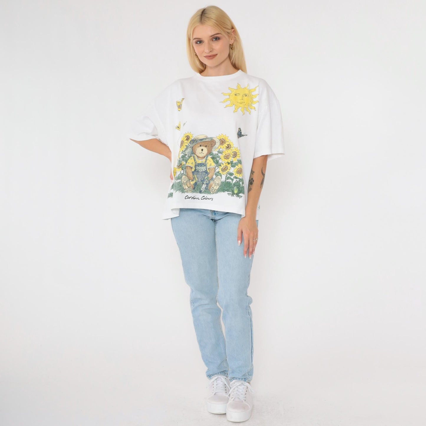 90s Carolina Colours Floral Teddy Bear T-Shirt Sunflower Butterfly Graphic Cotton Large