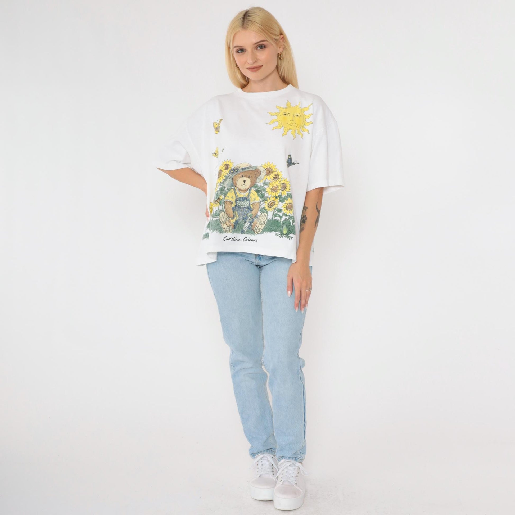 90s Carolina Colours Floral Teddy Bear T-Shirt Sunflower Butterfly Graphic Cotton Large
