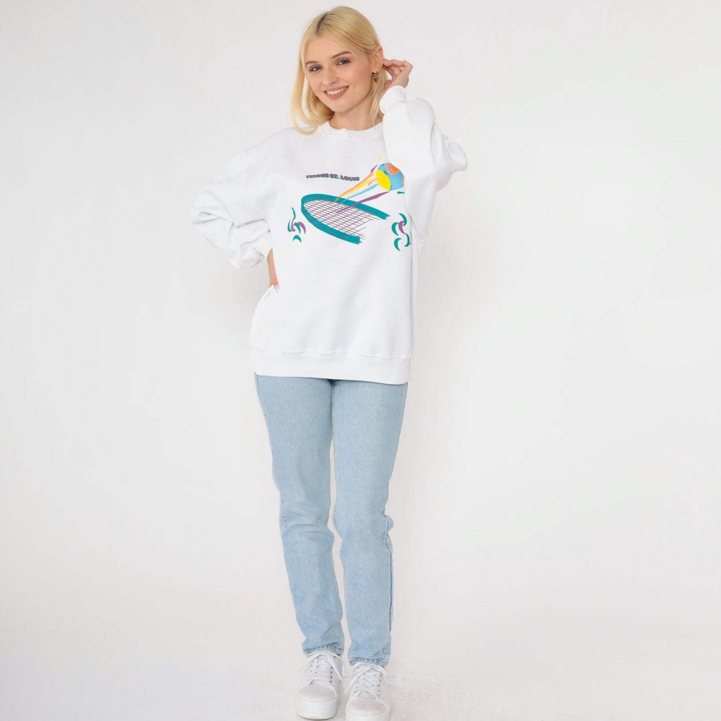 90s Jerzees Tennis St. Louis Graphic Sweatshirt White Crewneck Large