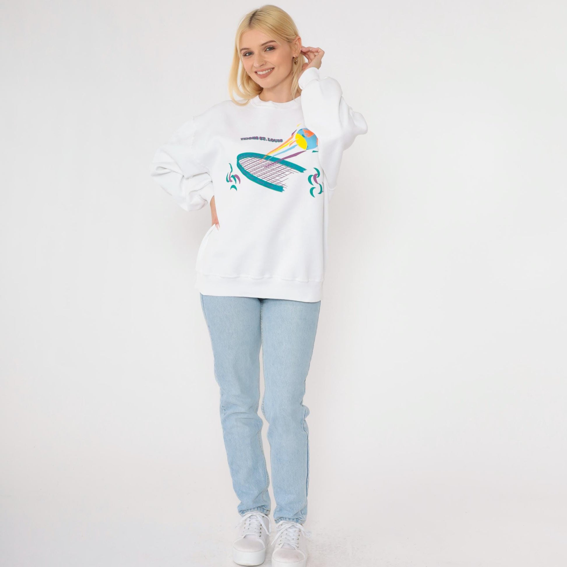 90s Jerzees Tennis St. Louis Graphic Sweatshirt White Crewneck Large