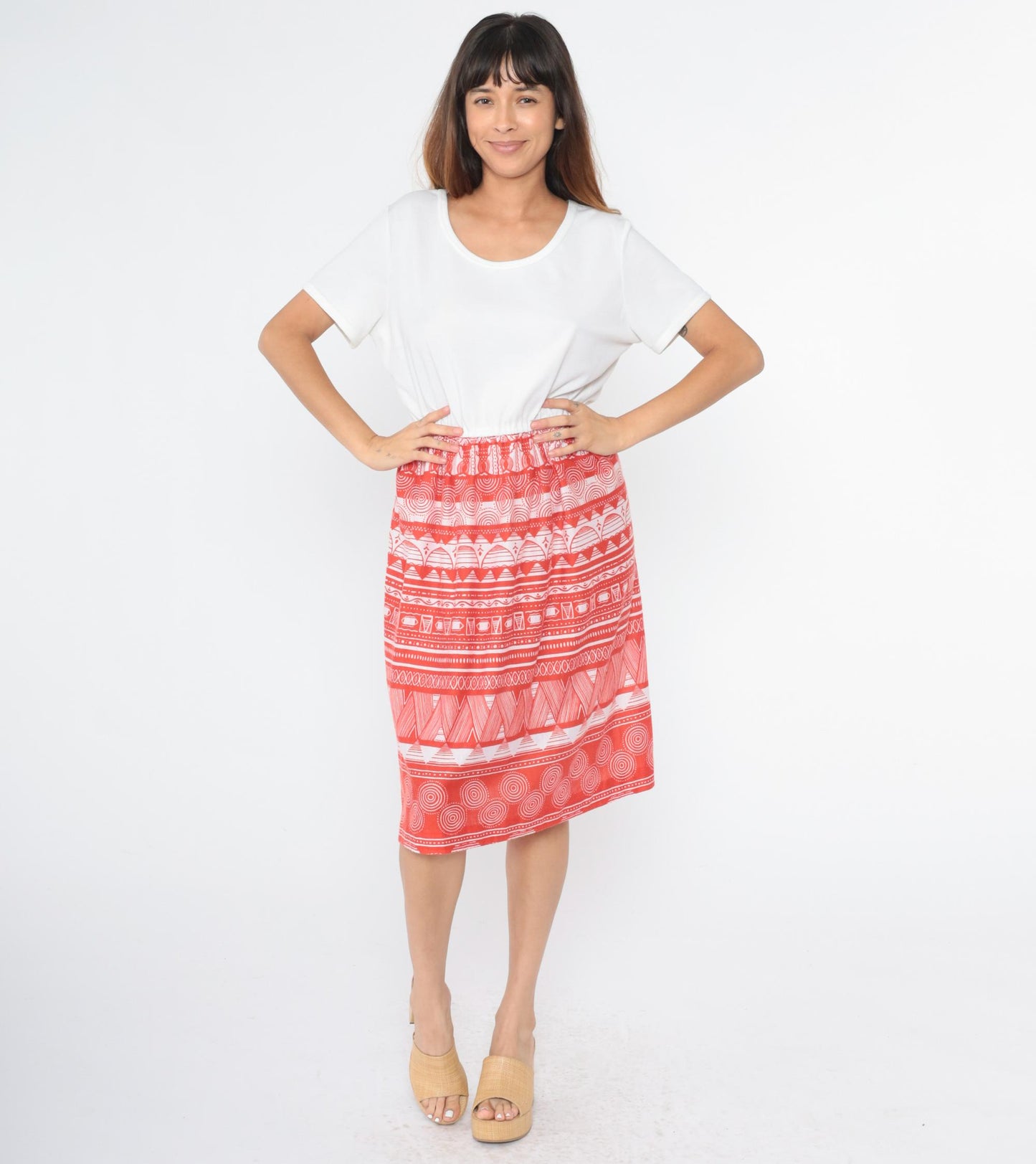 70s Flair of Miami Midi Dress White Red Geometric Print Elastic Waist Medium