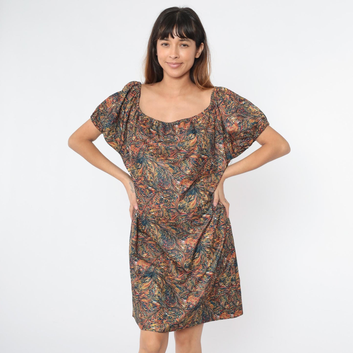 70s Psychedelic Feather Print Shift Dress Elastic Neckline Knee Length Large
