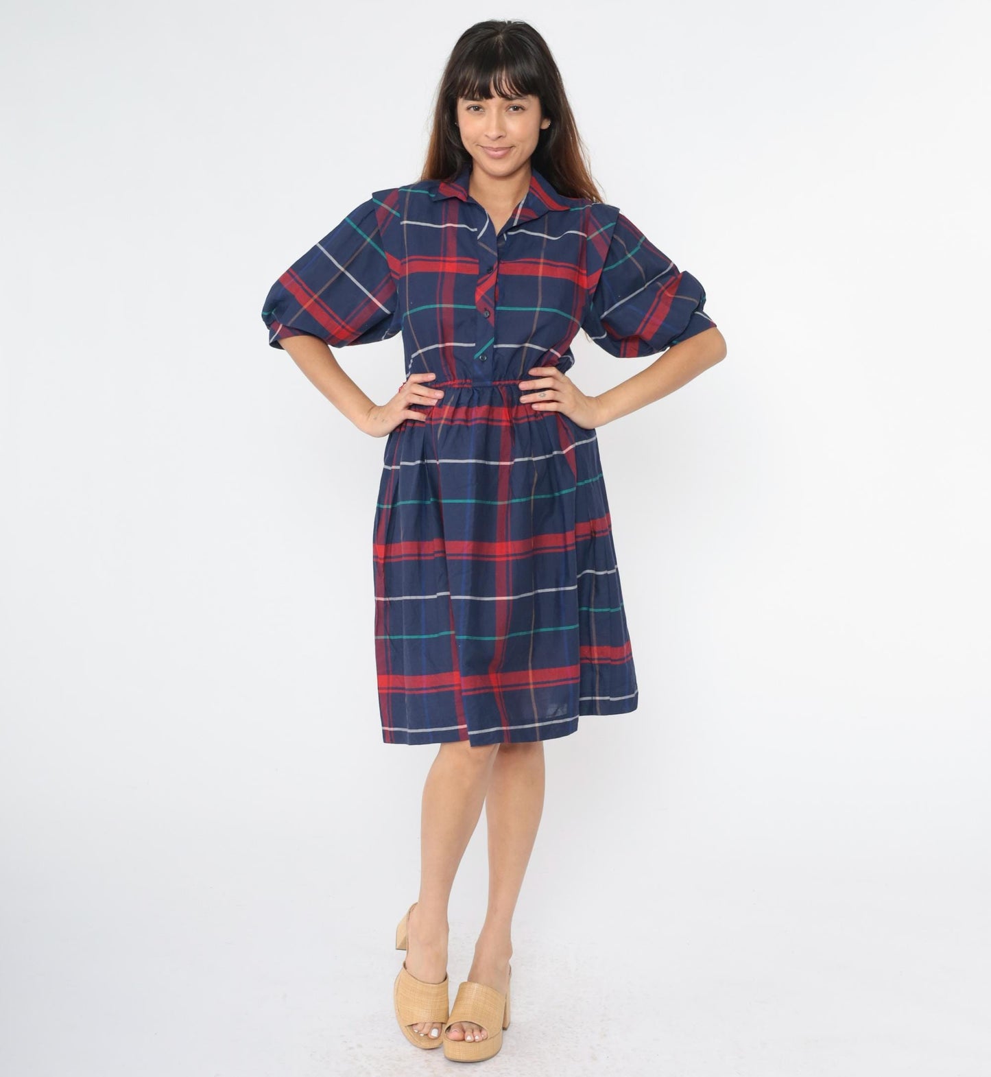 80s Dark Blue Plaid Button-Up Midi Dress High Waist Collar Half Sleeve Extra Small