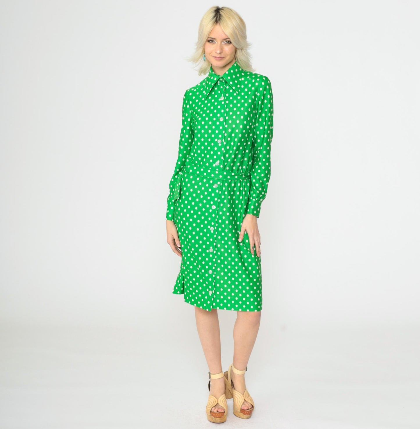 70s Green Polka Dot Shirtdress Midi Button-Up Dagger Collar Small S