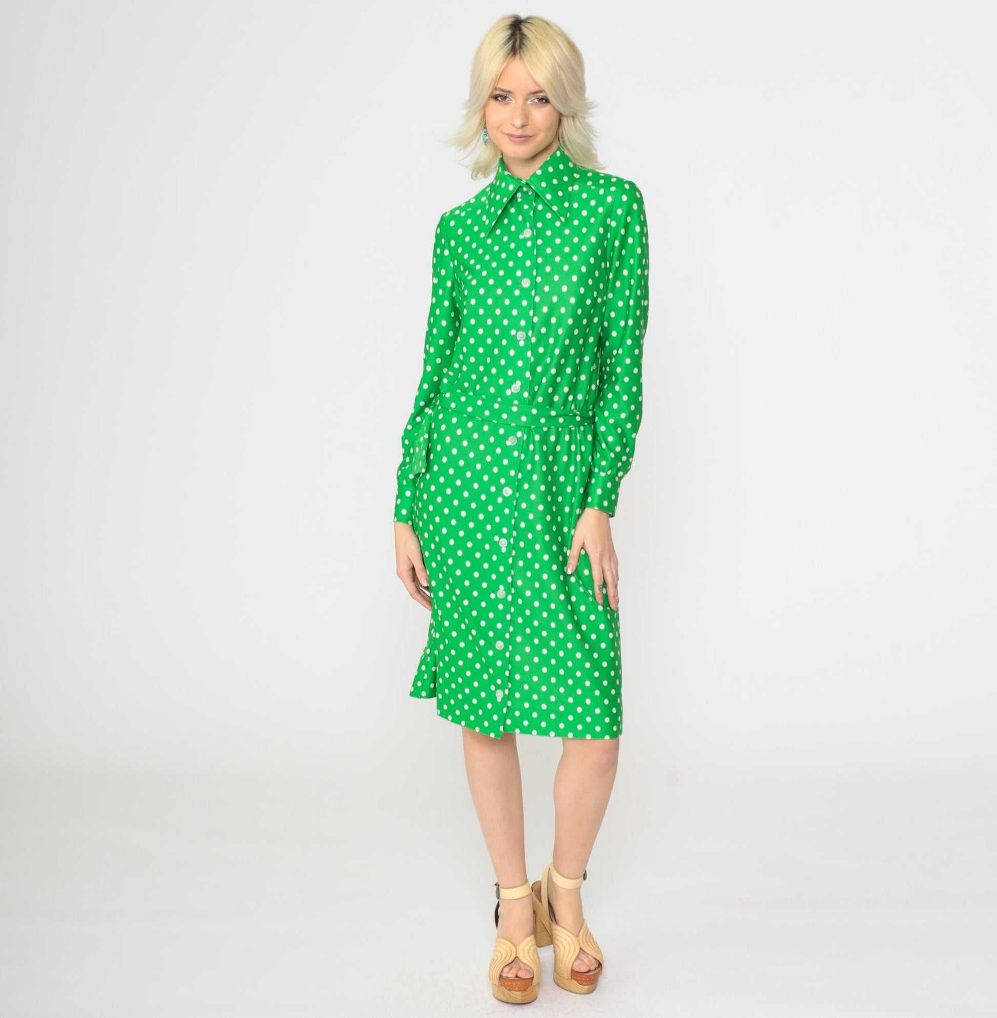 70s Green Polka Dot Shirtdress Midi Button-Up Dagger Collar Small S