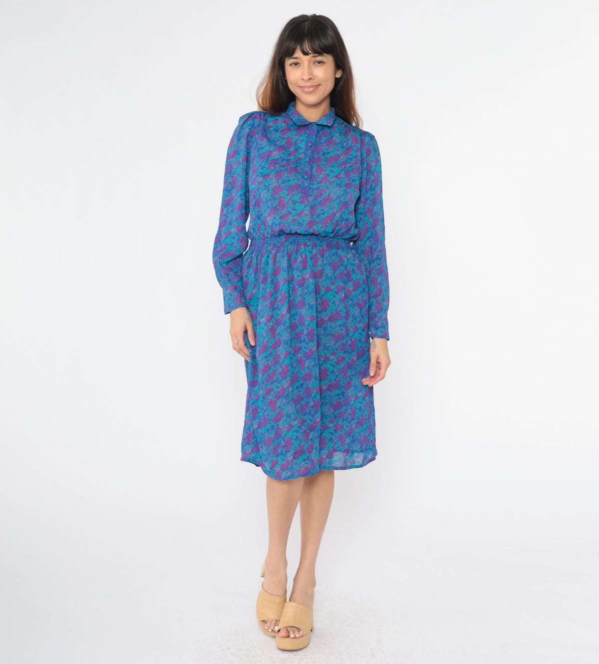 80s Abstract Leaf Print Midi Dress Puff Sleeve Button Up Turquoise Small