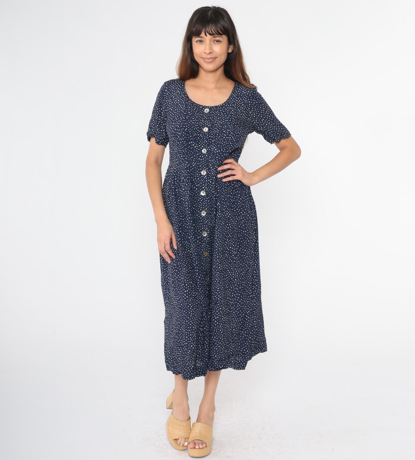 90s Karin Stevens Navy Polka Dot Midi Dress Button Up High Waist Medium 8