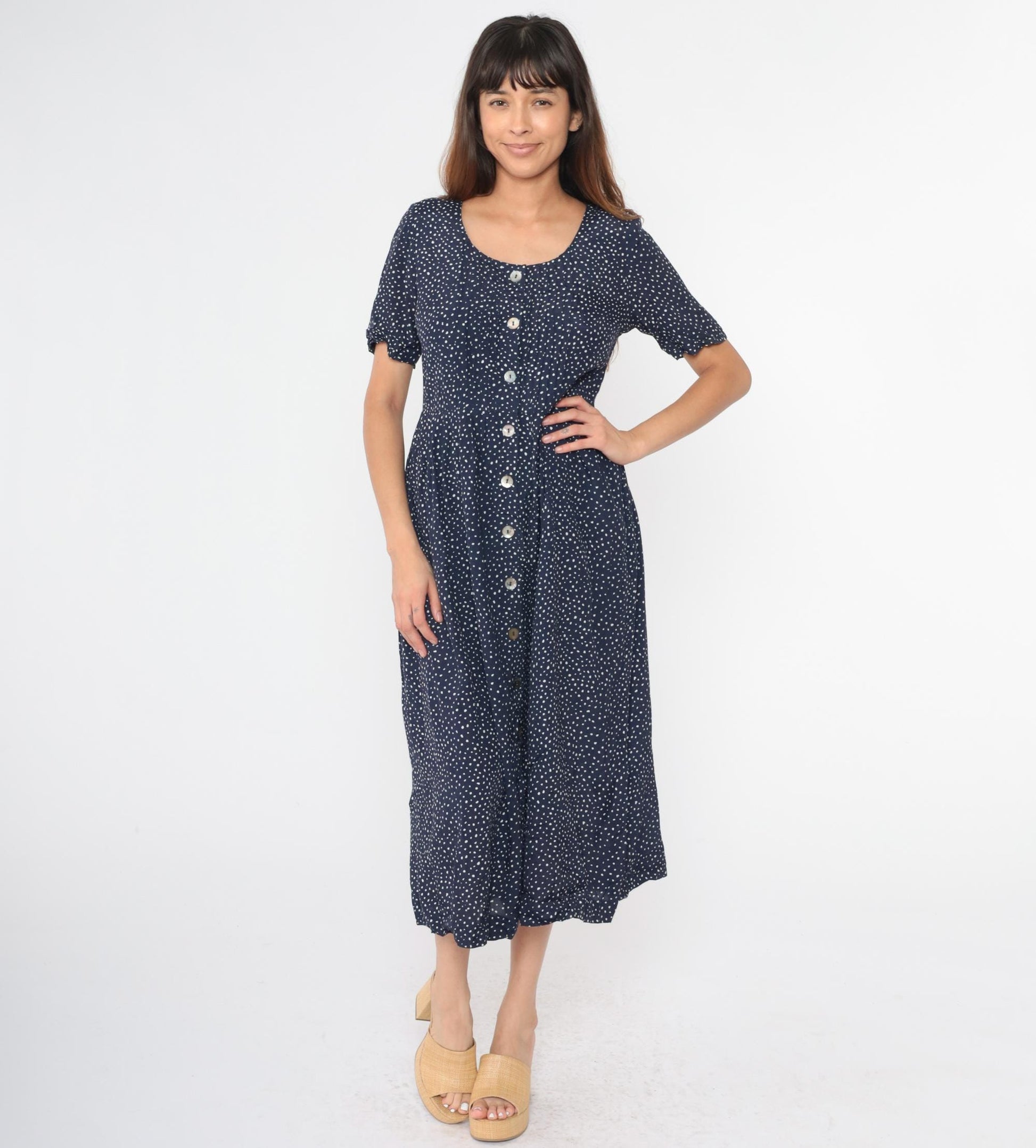 90s Karin Stevens Navy Polka Dot Midi Dress Button Up High Waist Medium 8