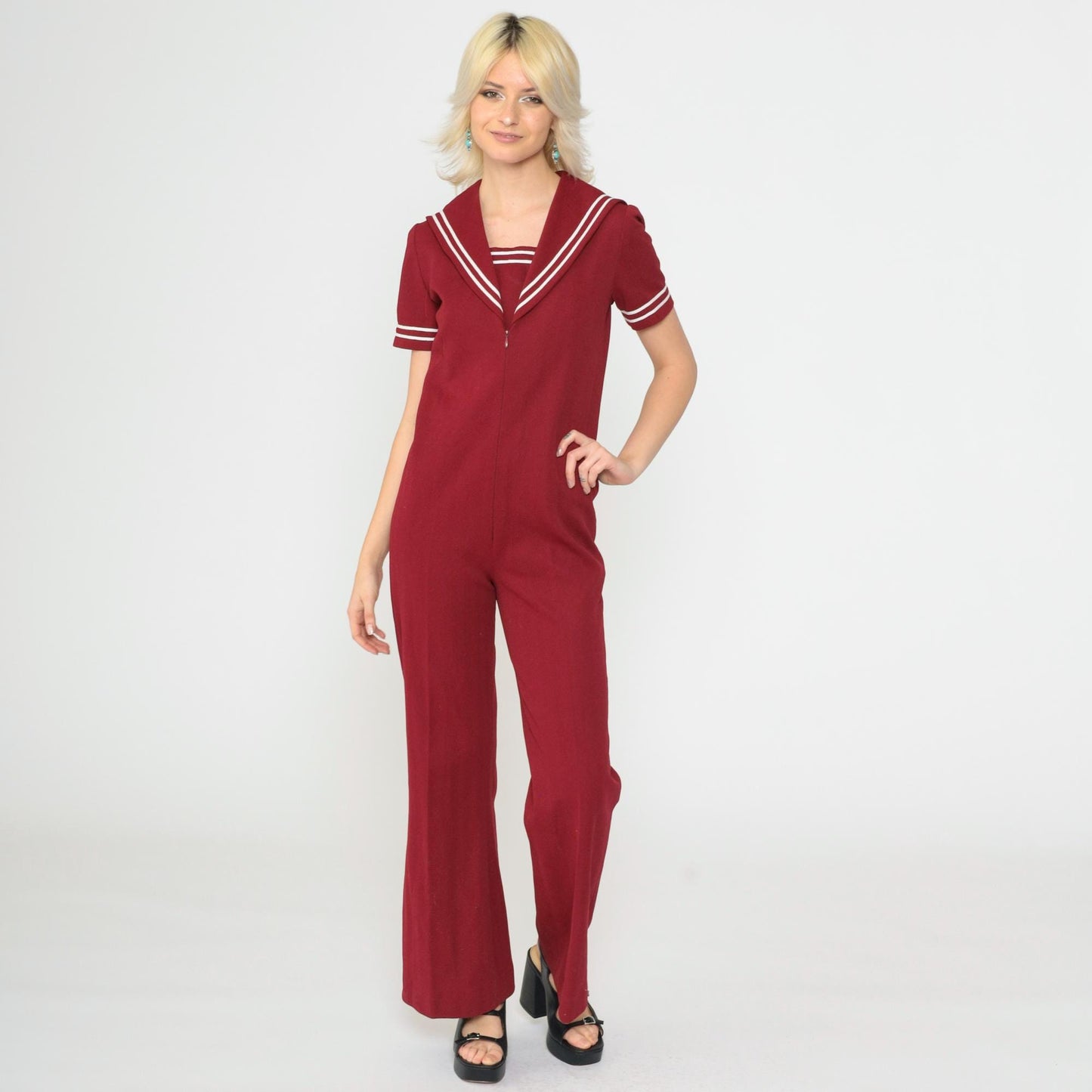 70s Sailor Collar Jumpsuit Burgundy Bell Bottom Zip Front Small