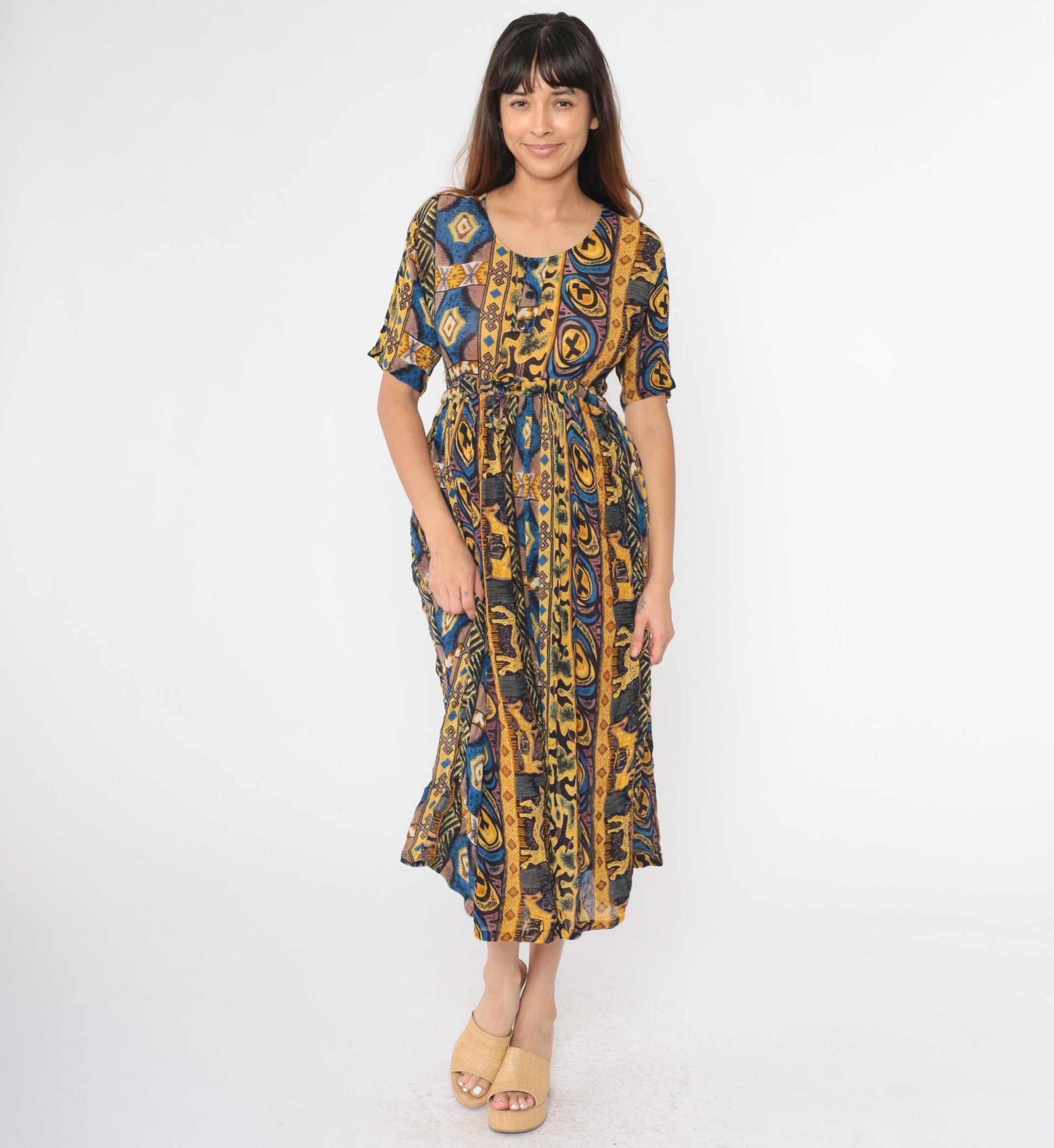 90s MintMode Geometric Horse Print Midi Dress Button Front Yellow Blue Small S