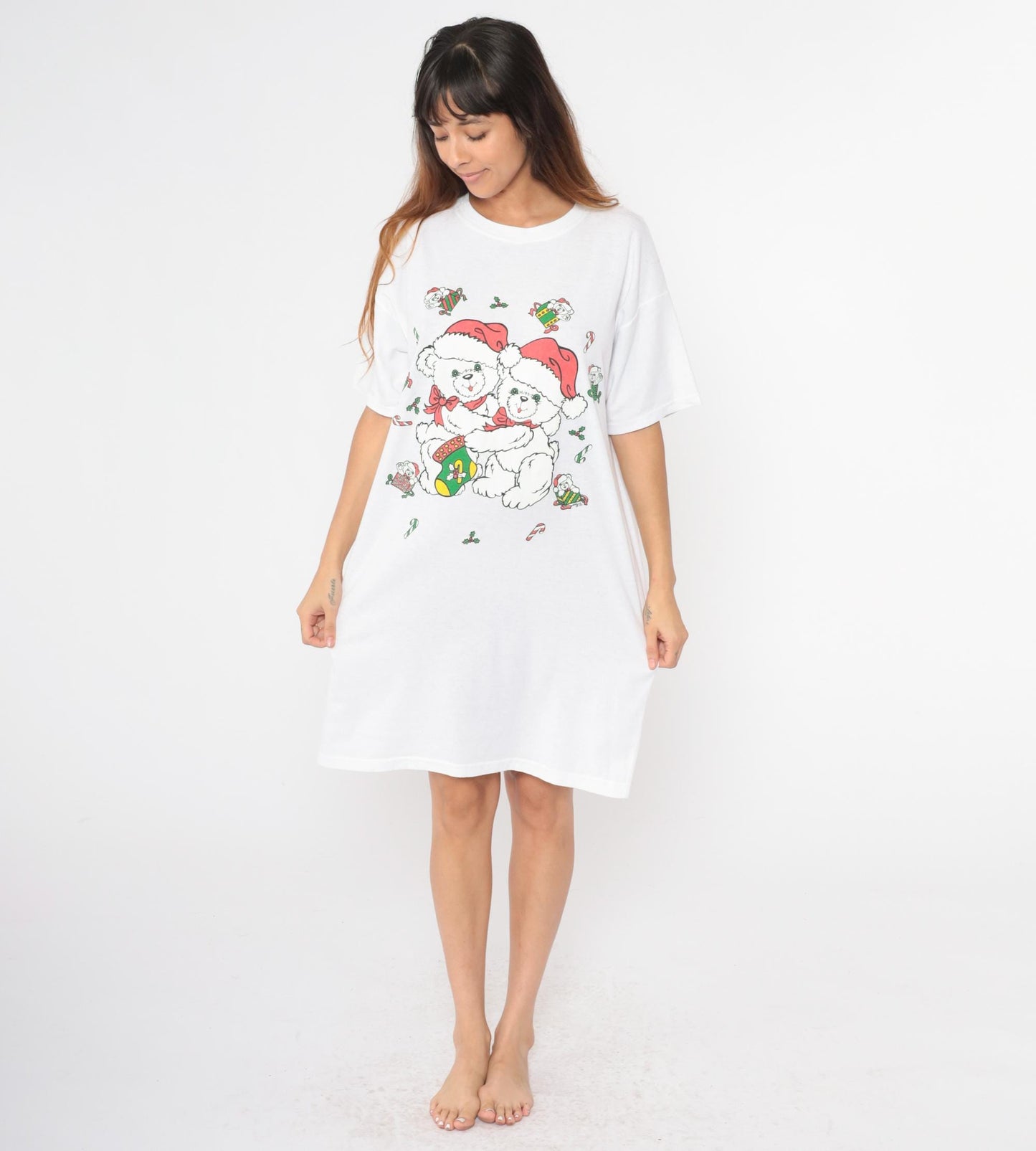 90s Christmas Teddy Bear Graphic T-Shirt Dress White Mini One Size