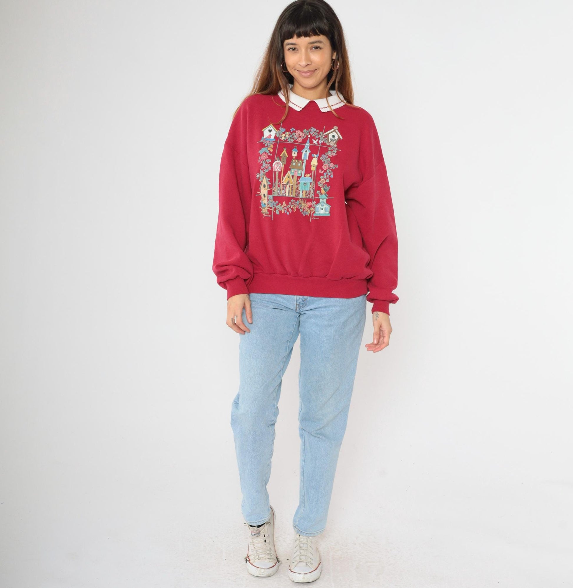 90s Morning Sun Red Birdhouse Collared Sweatshirt Graphic Jumper Extra Large